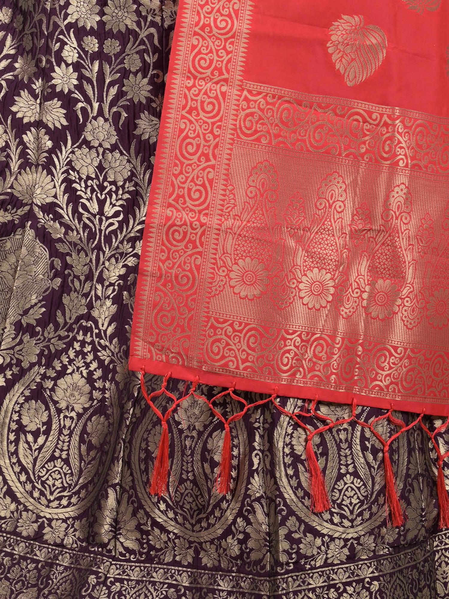 Odette Purple & Red Woven Pattern Lehenga Choli Set With Dupatta