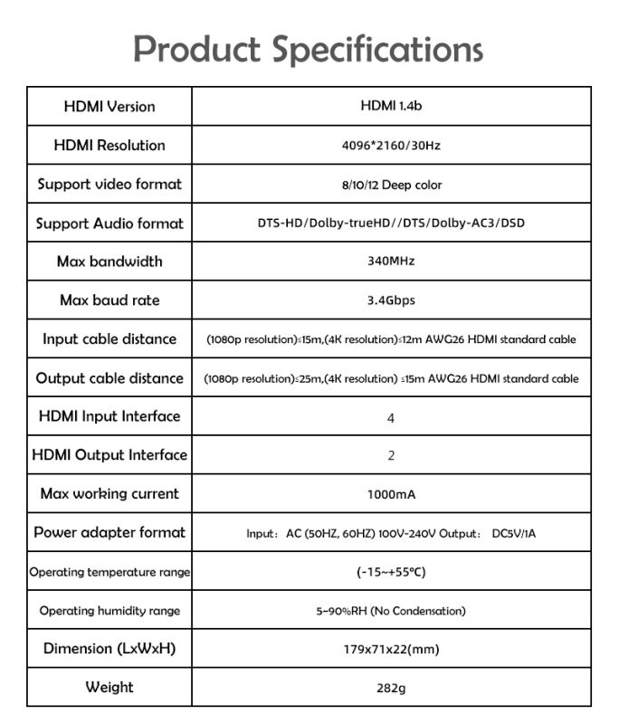 HDMI 4X2 matrix switcher HDMI splitter supports ARC 4Kx2K SPDIF coaxial stereo headphone audio output, with 5V power adapter