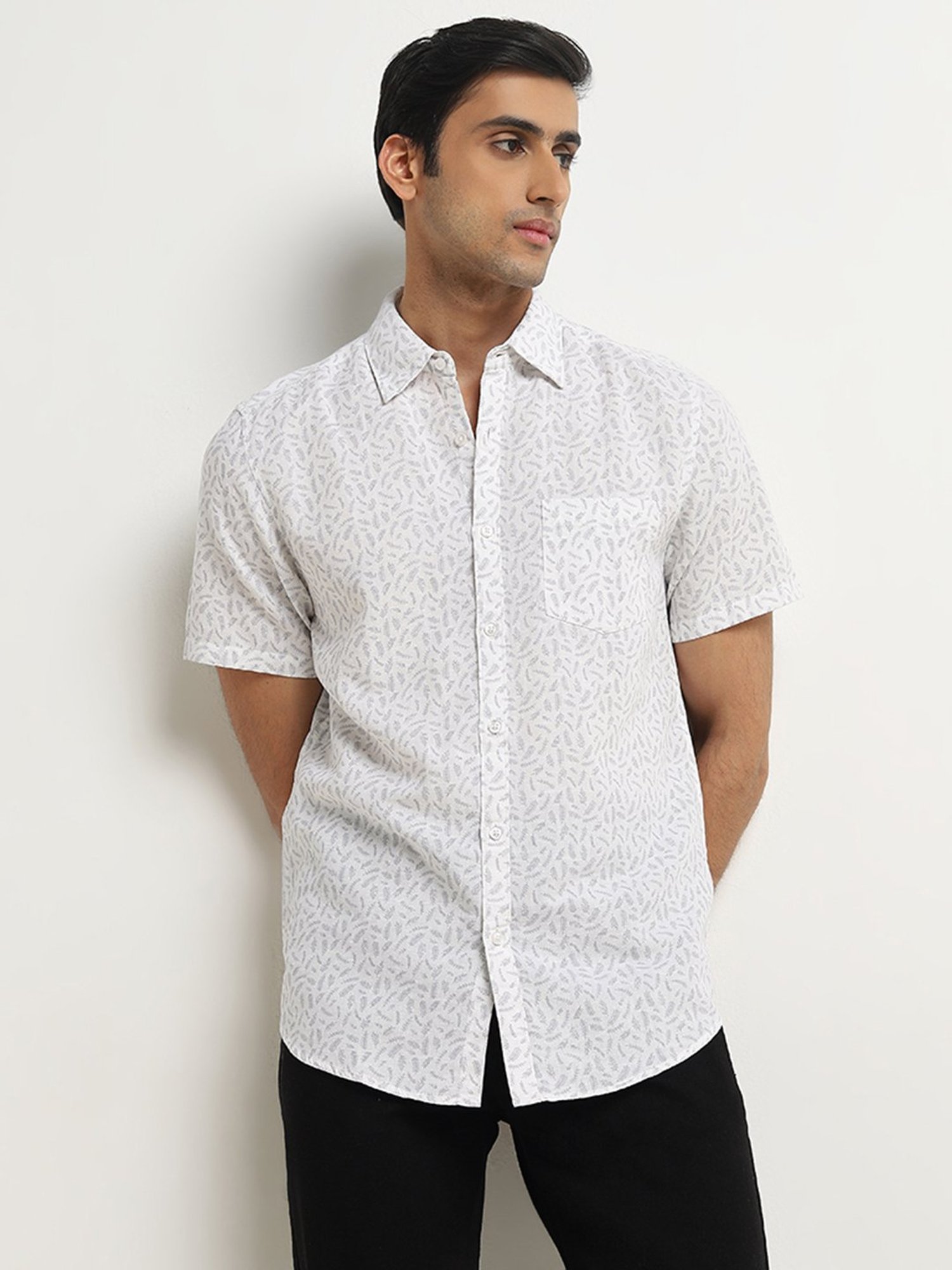 WES Casuals by Westside White Leaf Printed Slim-Fit Blended Linen Shirt