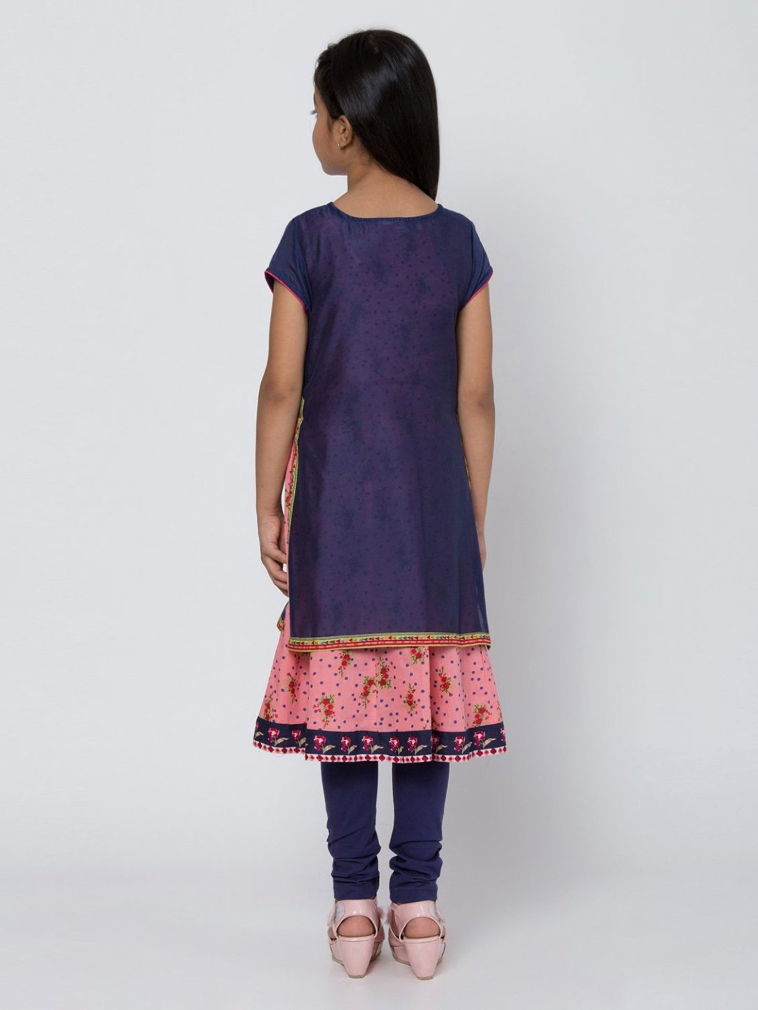 BIBA Girls Navy Embroidered Double Layered Kurti & Churidar With Dupatta