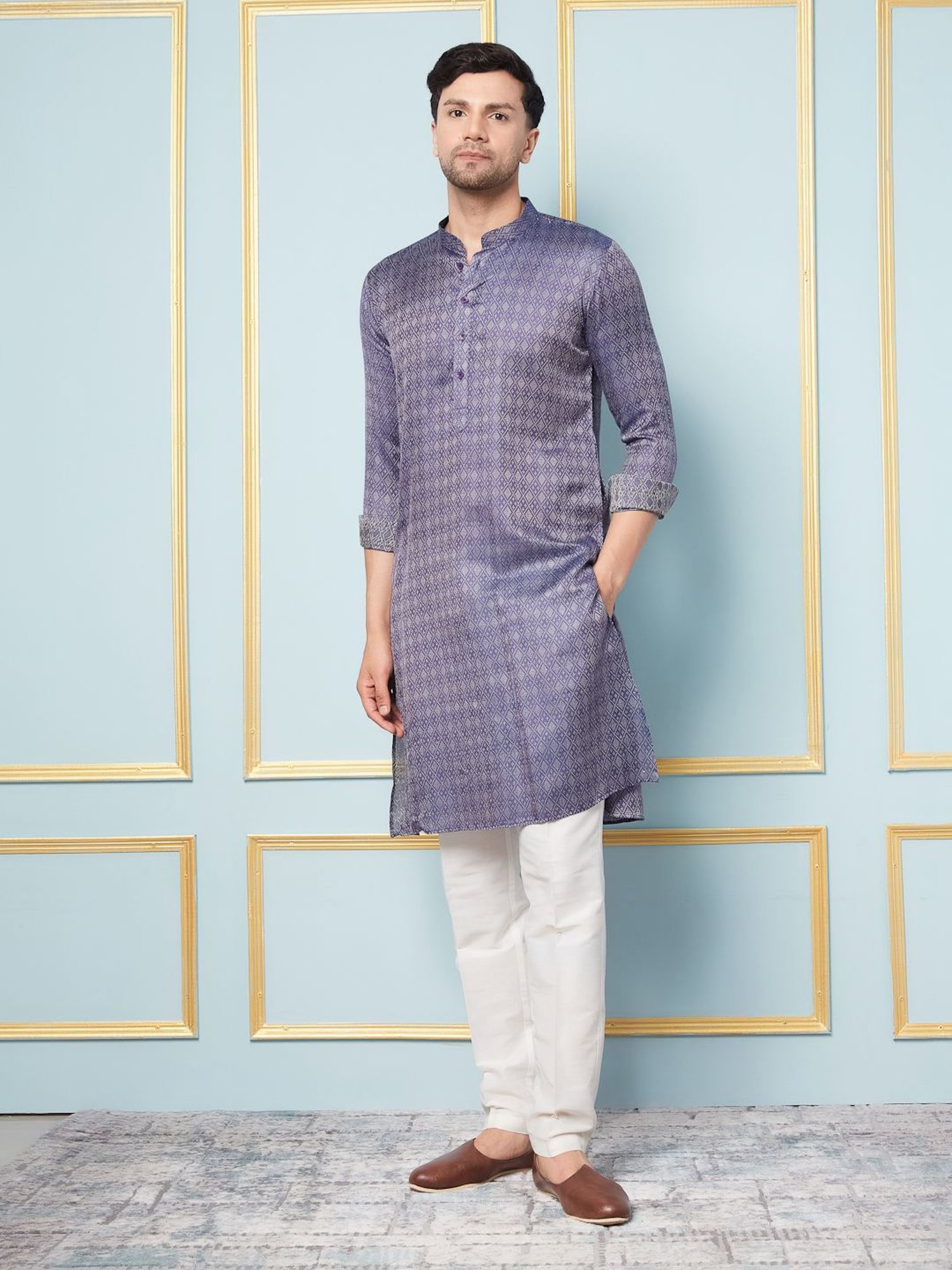 See Designs Navy Blue & White Regular Fit Self Pattern Kurta Bottom Set