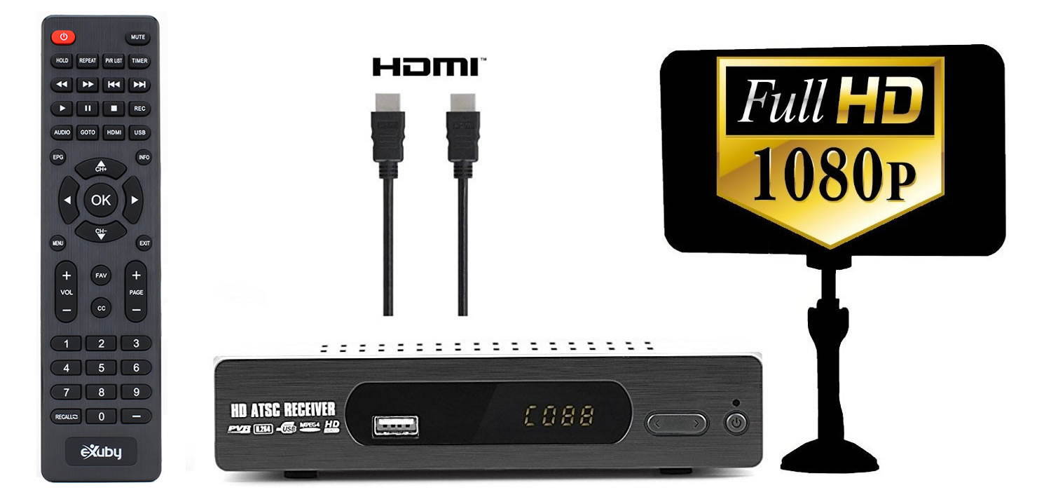 eXuby Digital Converter Box for TV, Flat Antenna, HDMI Cable for Recording & Viewing Free Full HD Digital Channels (Instant & Scheduled Recording, 1080P, HDMI Output, 7Day Program Guide & LCD Screen)