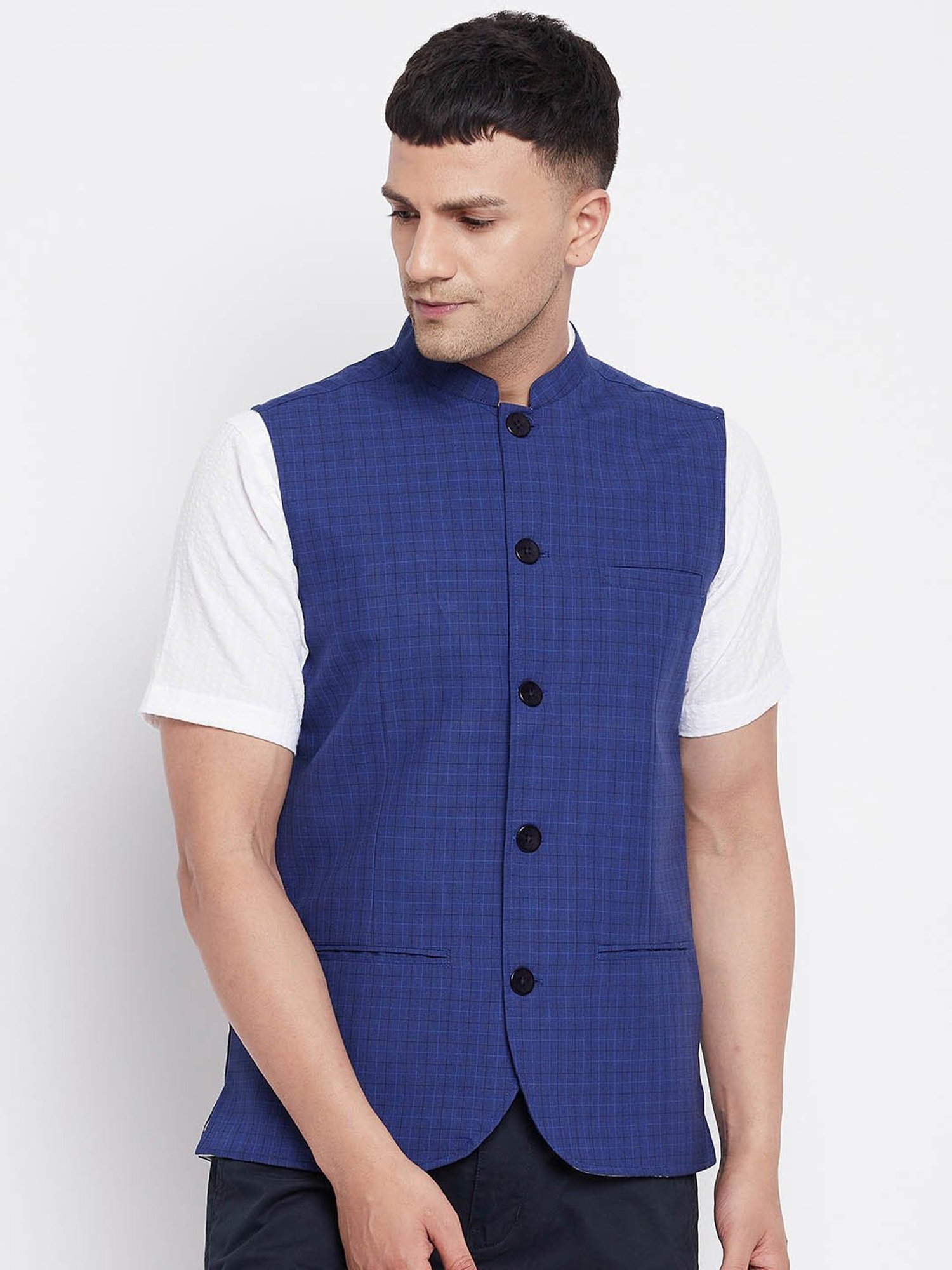 Even Blue Mandarin Collar Check Nehru Jacket