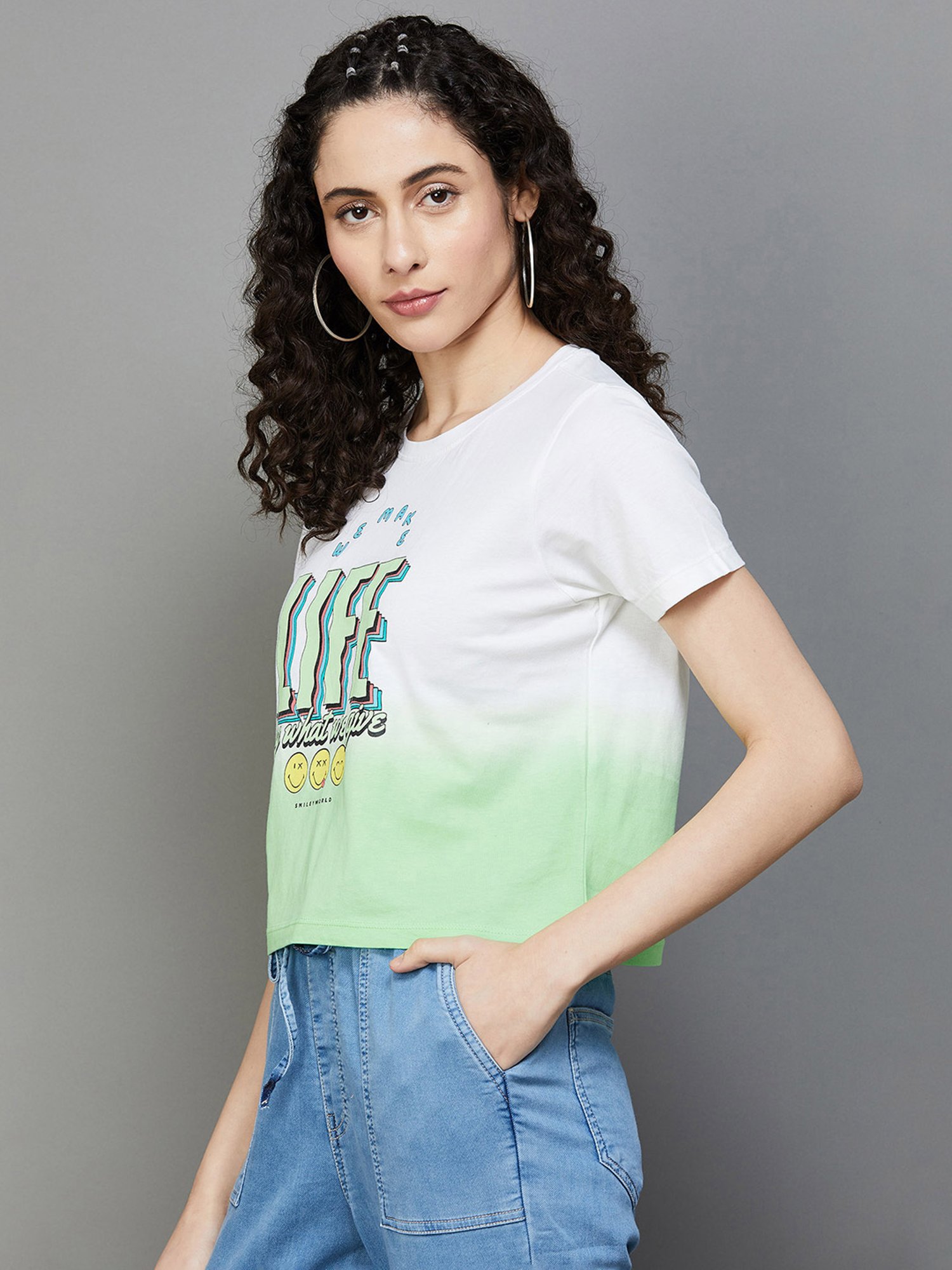 SmileyWorld Green & White Cotton Graphic Print T-Shirt