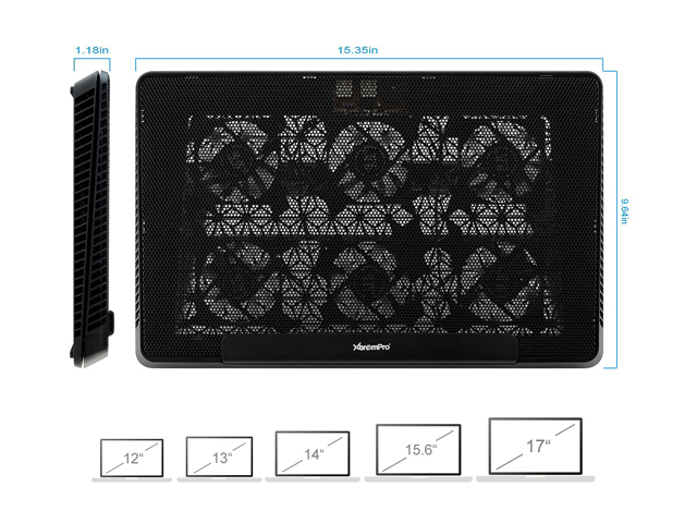 XtremPro Portable Metal Mesh Laptop Cooler Cooling Pad, 6 Quiet Fans w/ Green LED Light, 5 Adjustable Heights, Up To 17" in Notebook, 2 USB Interface w/ Speed Control Switch, non-slip - Black (11147)