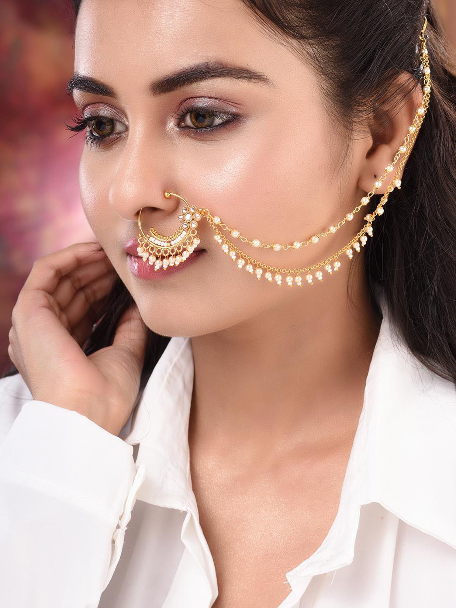 Saraf Rs Jewellery Gold Toned White Pearl Beaded Designer Nath Nose Ring With Chain