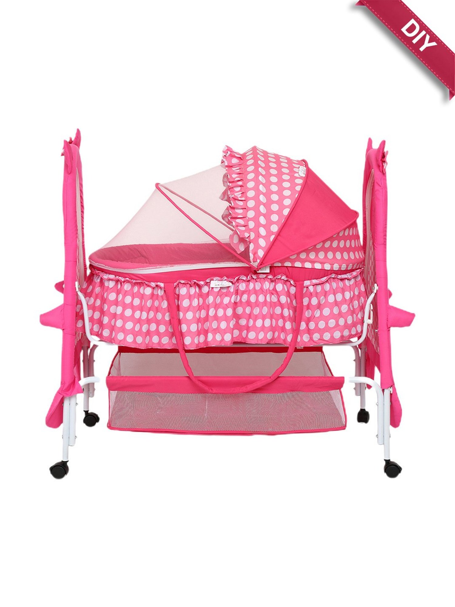 Kiddery Pink Baby Bassinet with Mosquito Protection Net (Age 0-8 Months)