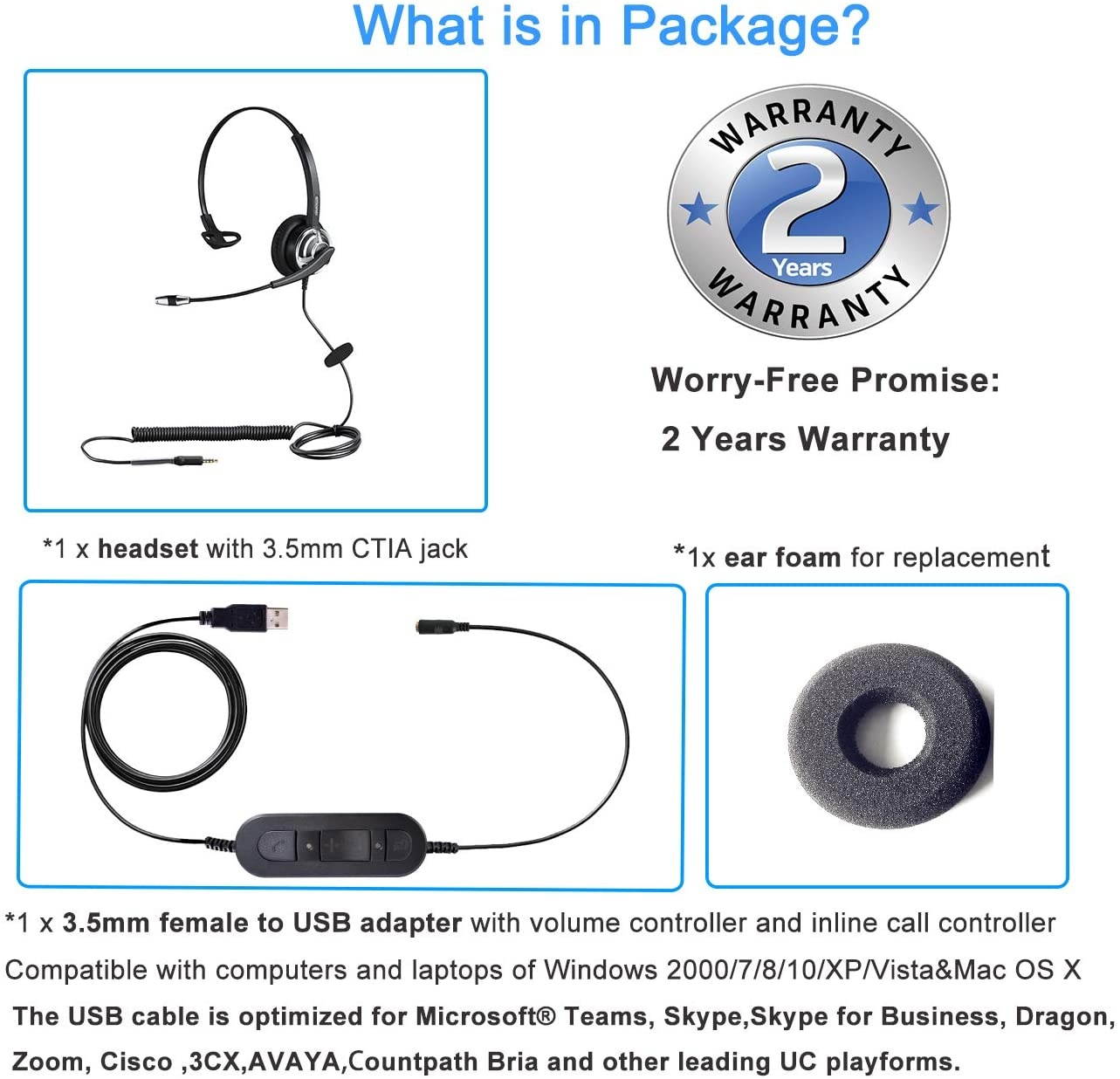 3.5 to USB Computer PC Headset with Noise Canceling Mic3.5mm Jack One Ear Cell Phone Headphone with Mic for iPhone Samsung Galaxy Huawei BlackBerry Mi and iPad Tablet Laptop Mac Skype Teams Dragon