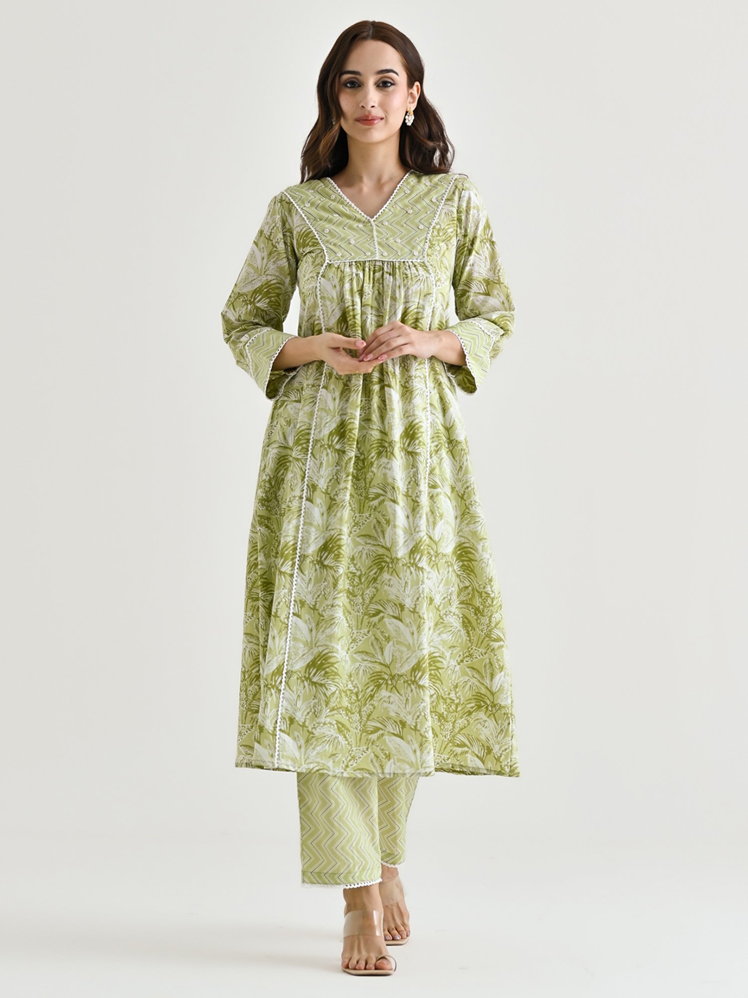Rustorange Lime Green Printed A Line Kurta