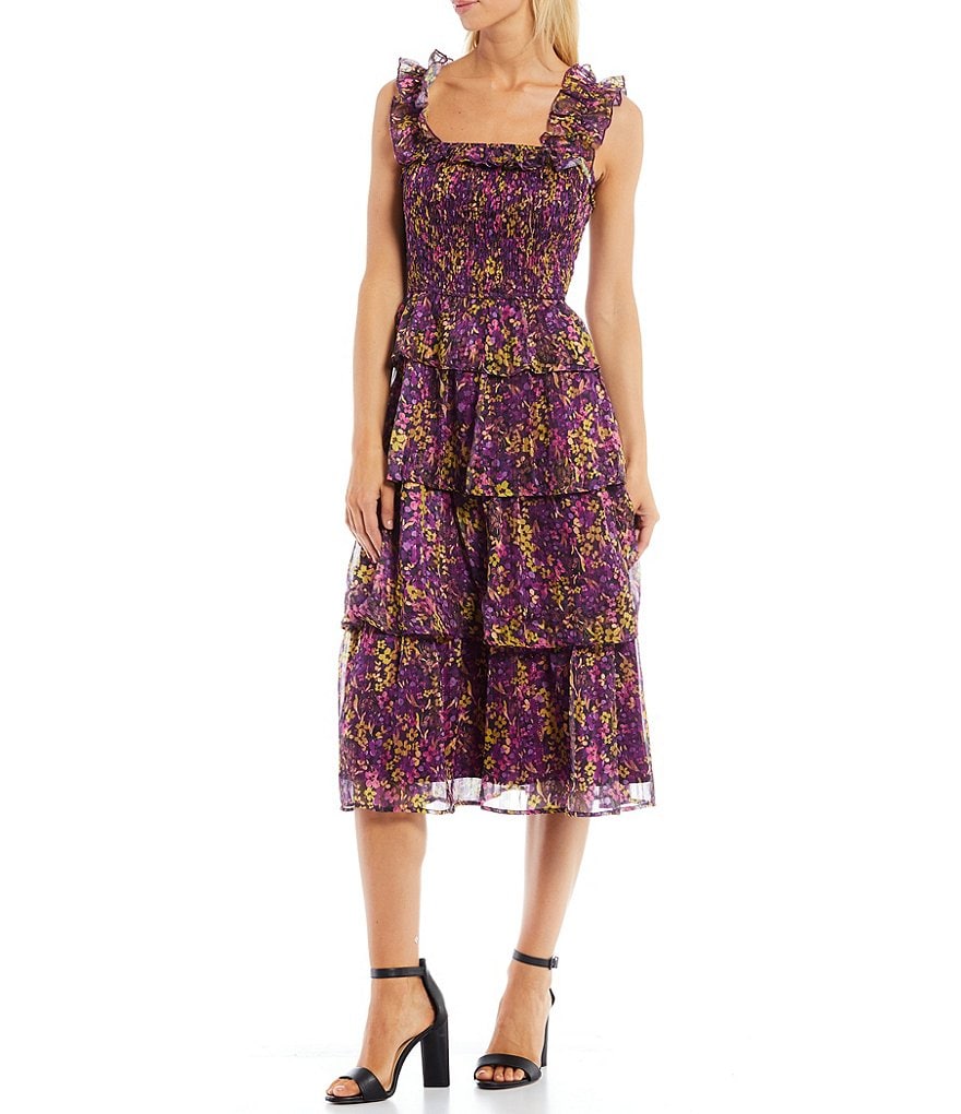 Adelyn Rae Floral Sleeveless Smocked Bodice Square Neck Tiered Chiffon Midi Dress