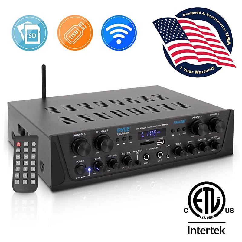 500W Karaoke Wireless Bluetooth Amplifier - 4 Channel Stereo Audio Home Theater Speaker Sound Power Receiver with AUX IN, FM, RCA Subwoofer Speakers OUT, USB, Microphone IN with Echo -  PTA44BT
