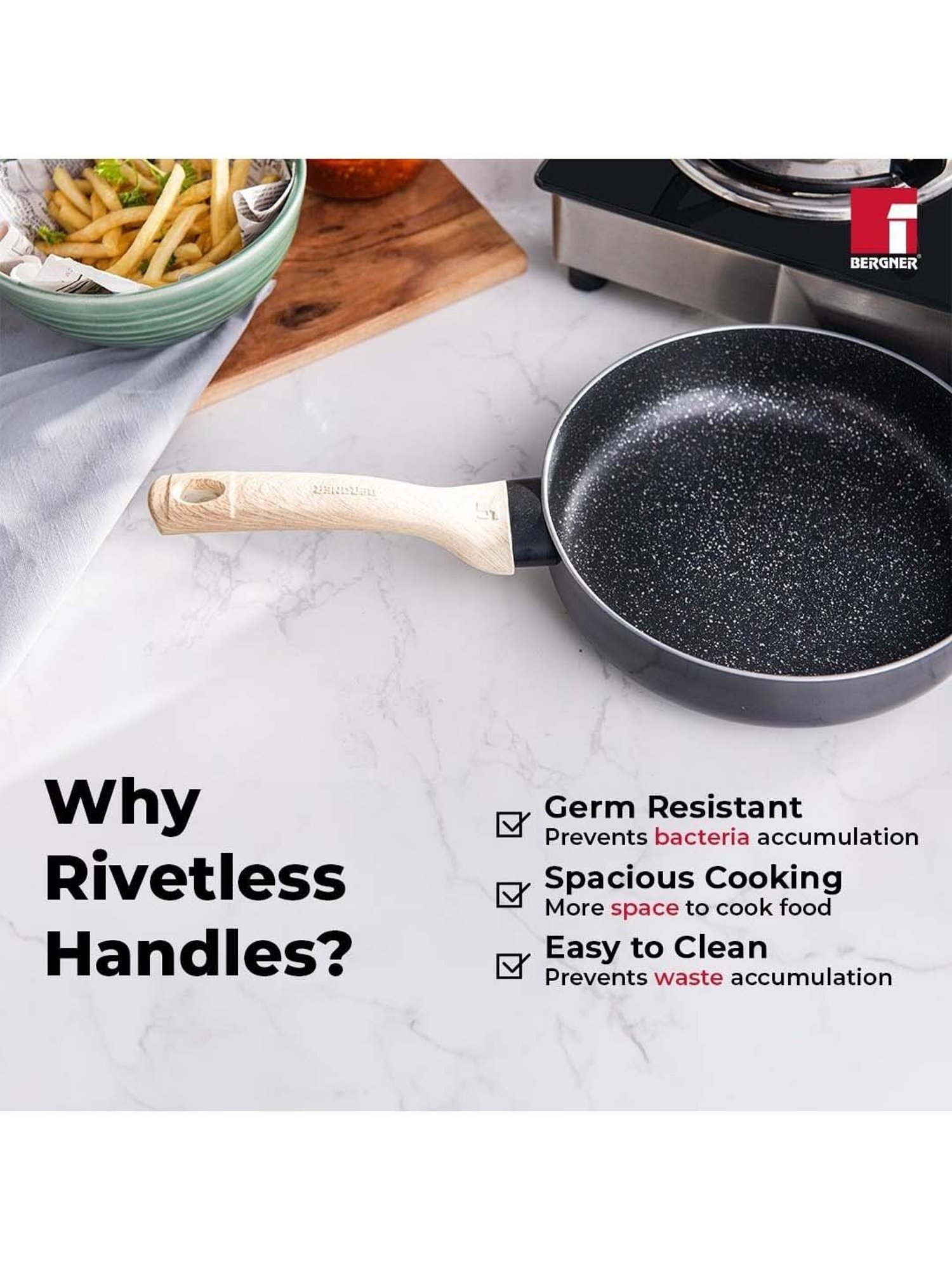 Bergner Bellini & Aura Black 20 cm Induction Deep Frypan With Wooden Finish Handle (1.8 L)