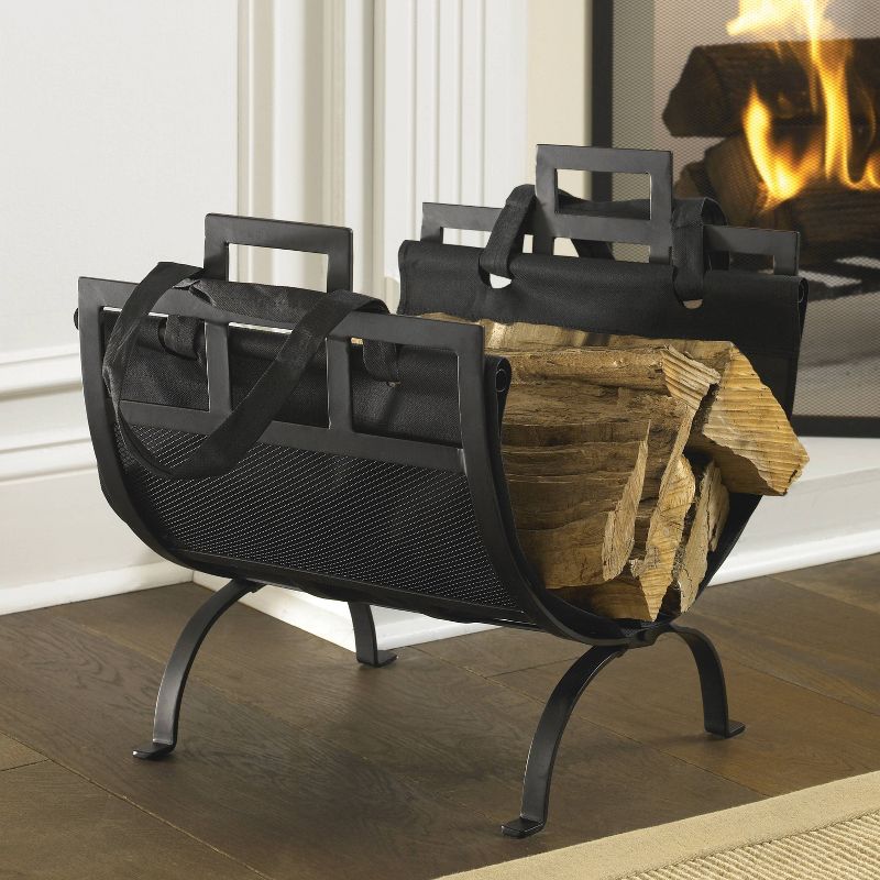 Pleasant Hearth Log Holder with Canvas Tote Black