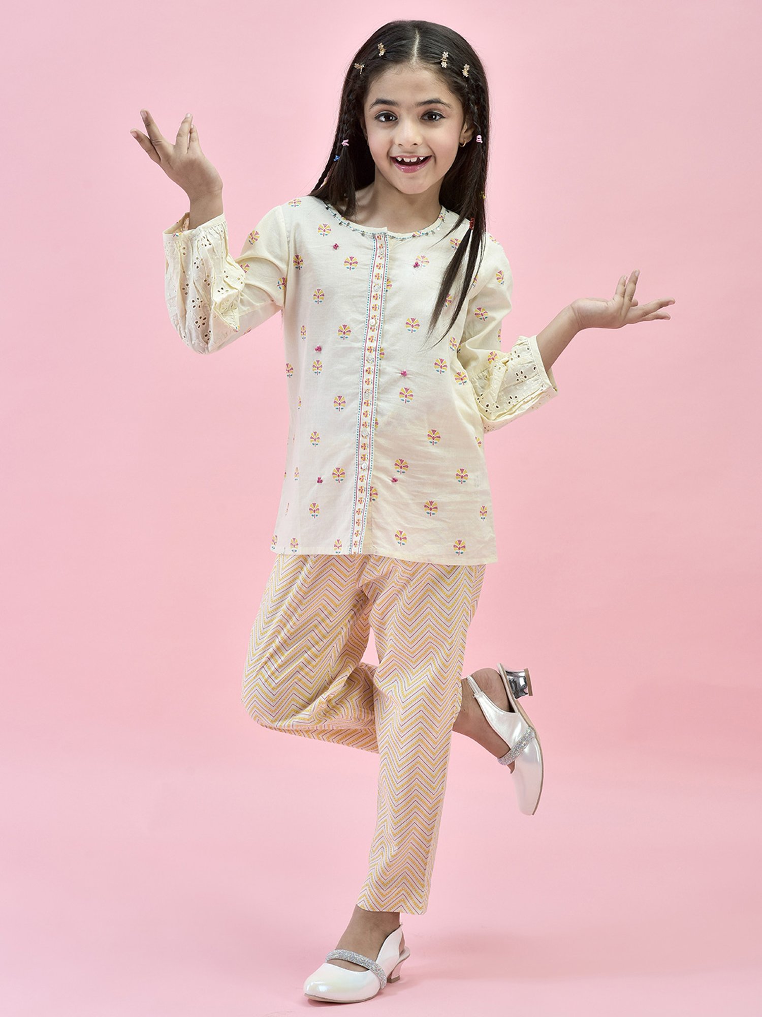 Juniper Girls White Printed Full Sleeves Kurta With Pants