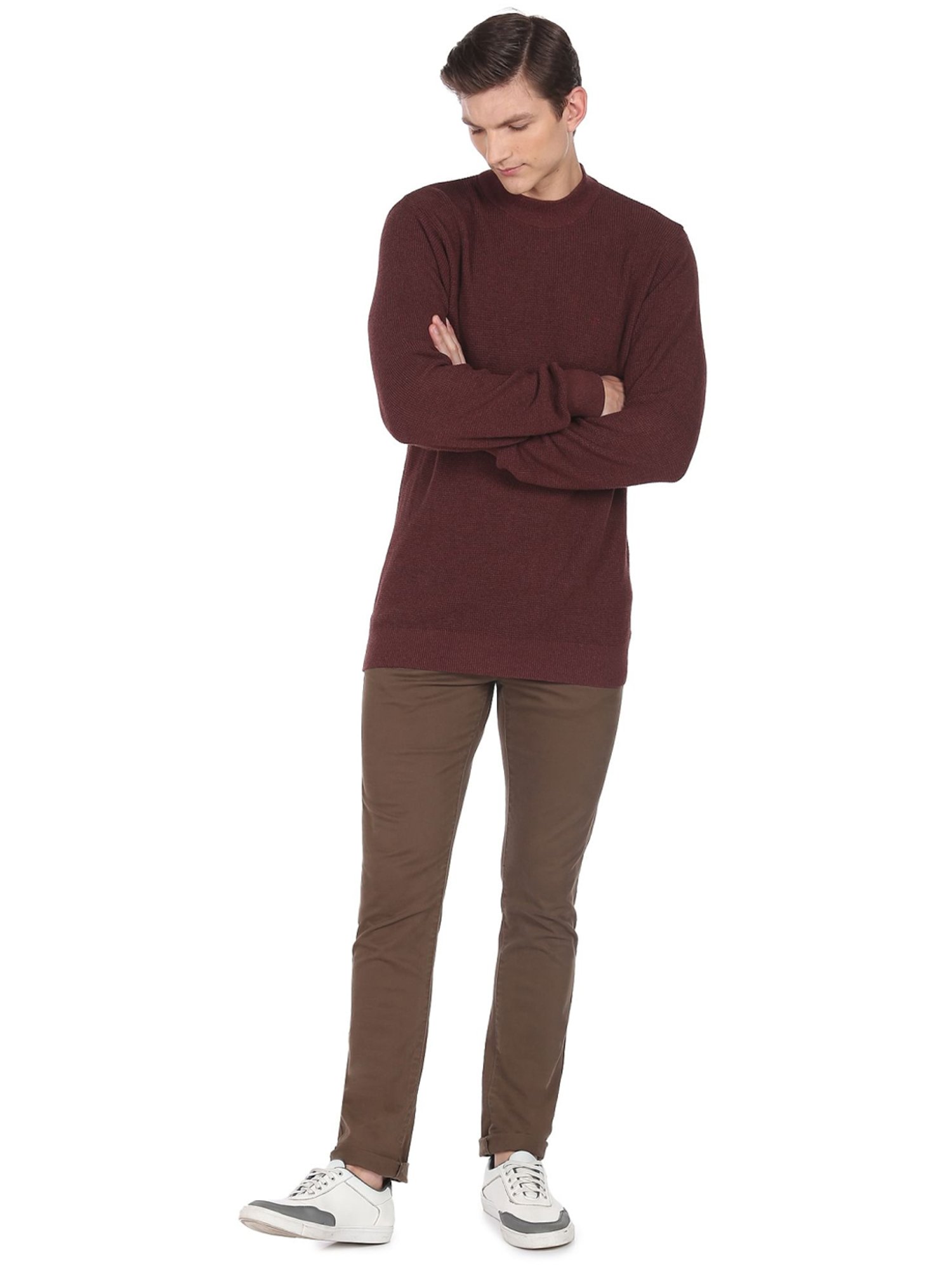 Arrow Brown Cotton Regular Fit Sweater
