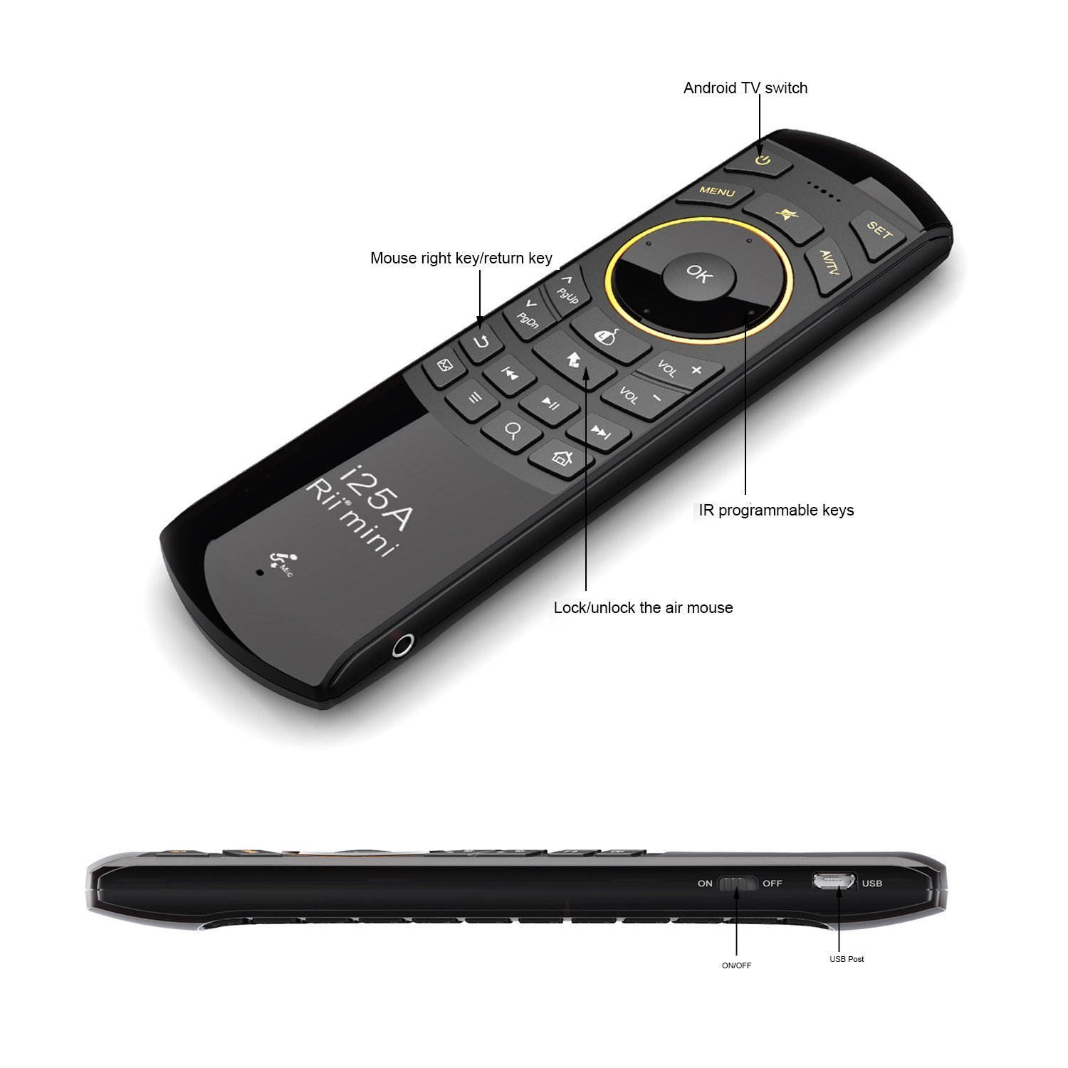 Rii K25A 4 in 1 Multifunction Portable 2.4GHz Mini Wireless Fly Mouse Keyboard ,Audio Feature And IR Infrared Remote Control With Rechargable Li-ion Battery for PC,Laptop,Raspberry PI 2, MacOS,Linux,