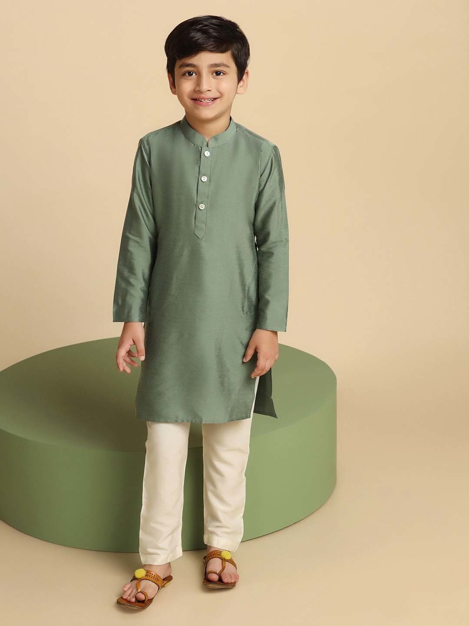 KISAH Kids Green Cotton Regular Fit Full Sleeves Kurta