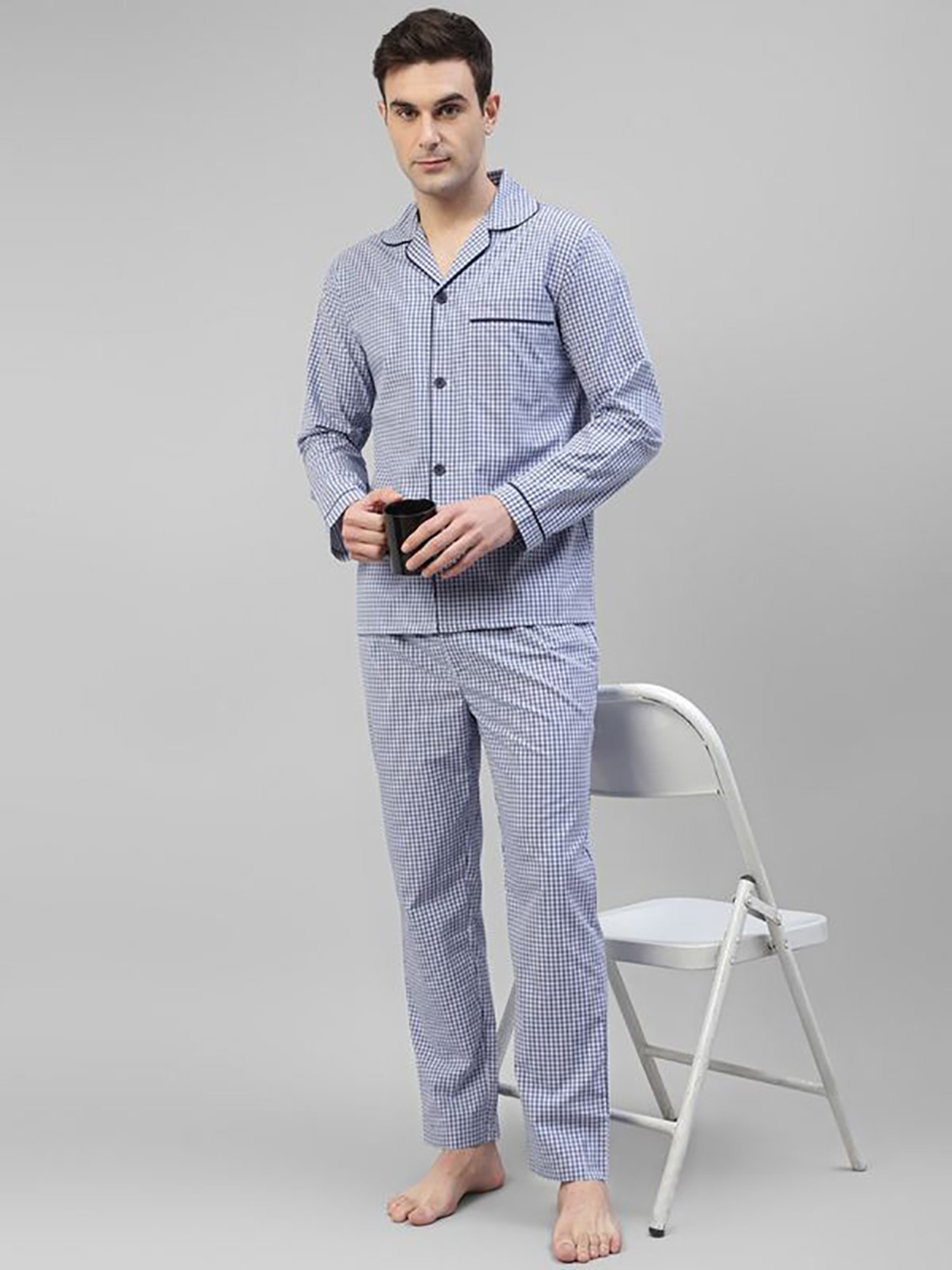 Hancock White Cotton Regular Fit Checks Lounge Sets
