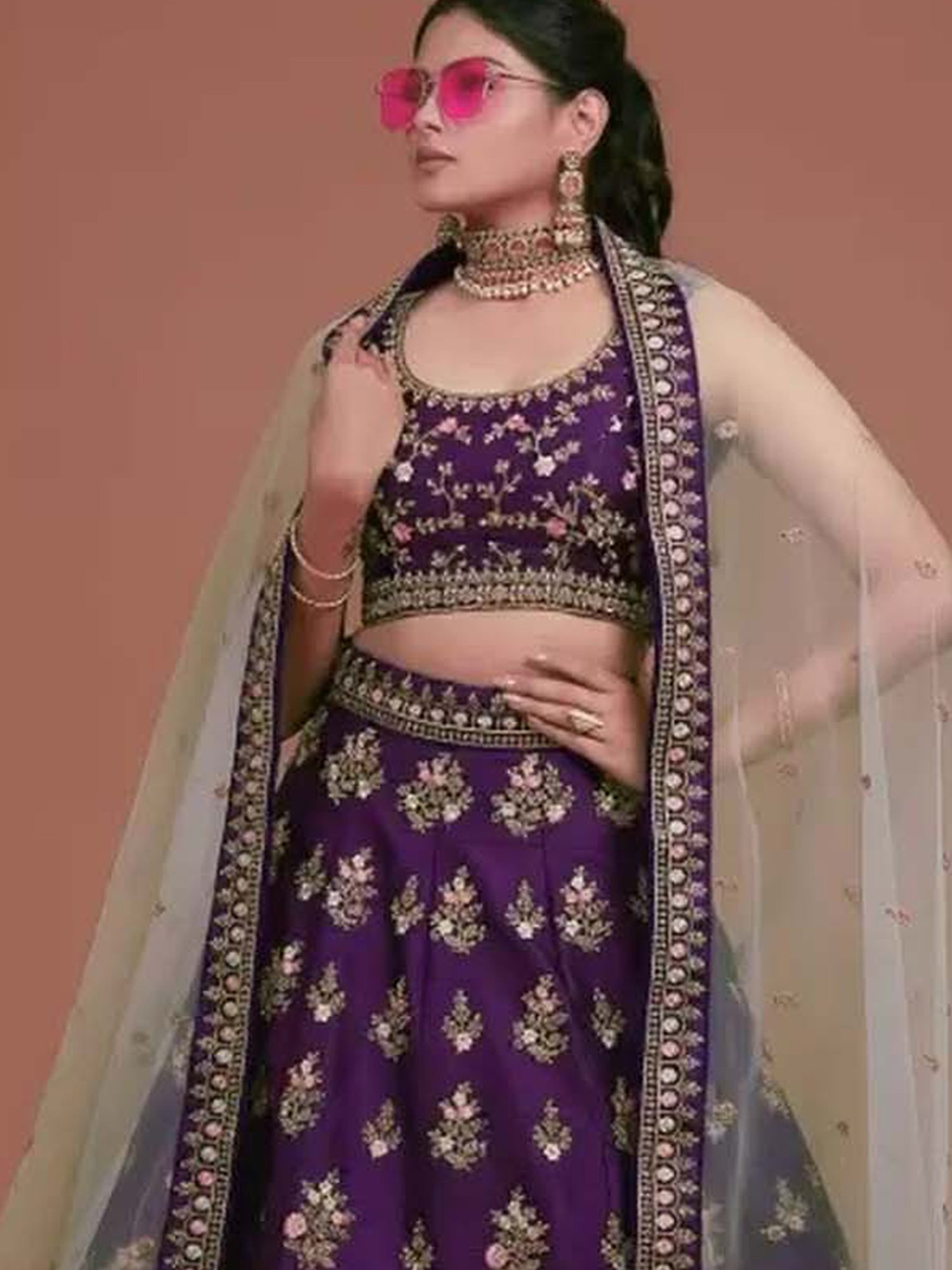 APNISHA Purple Embroidered Semi Stitched Lehenga Choli Set With Dupatta