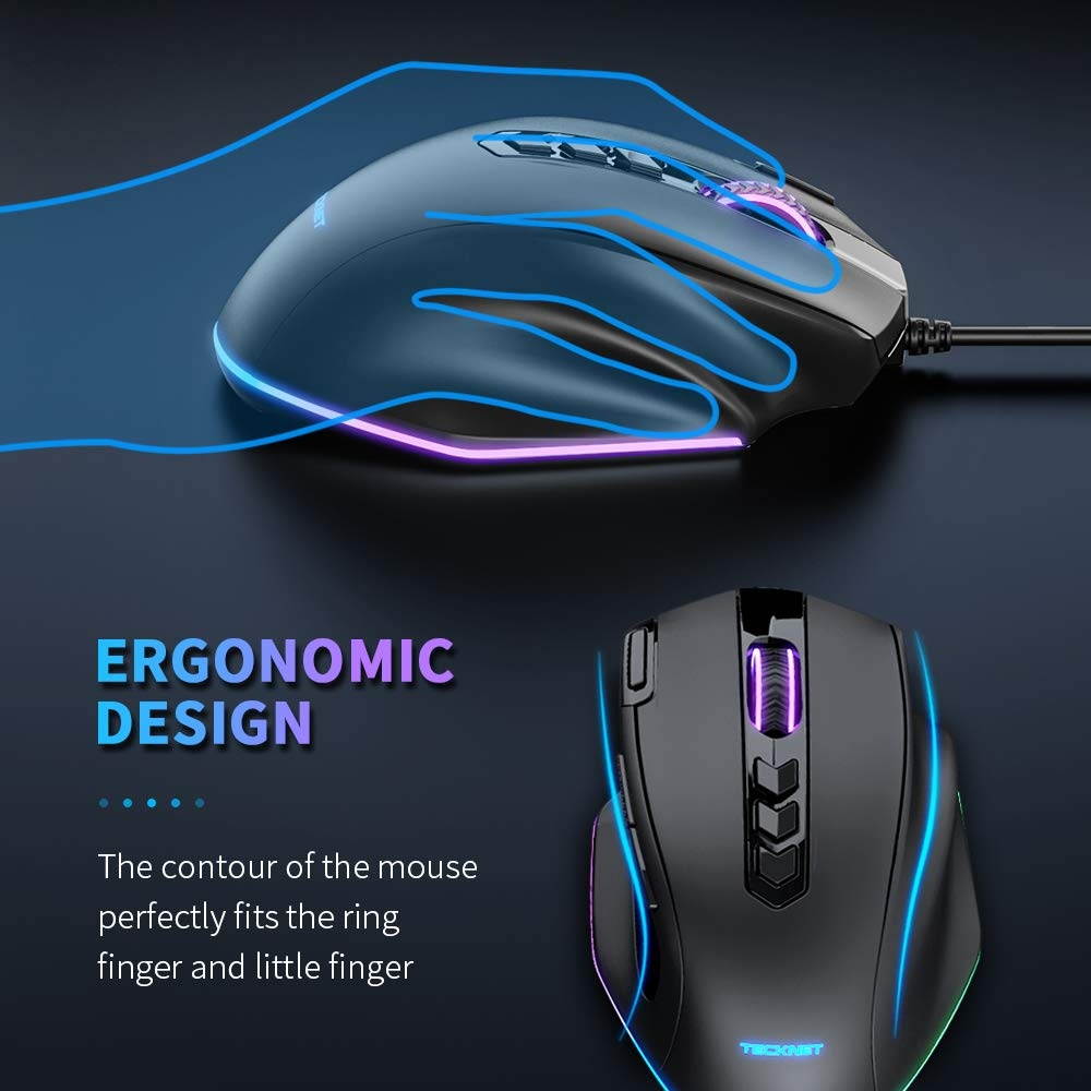 TECKNET Gaming Mouse Wired 10000DPI Breathing Light Ergonomic Gaming Mouse RGB LED Backlit Computer Mice10 Buttons for Windows 7/8/10/XP VistaBlack