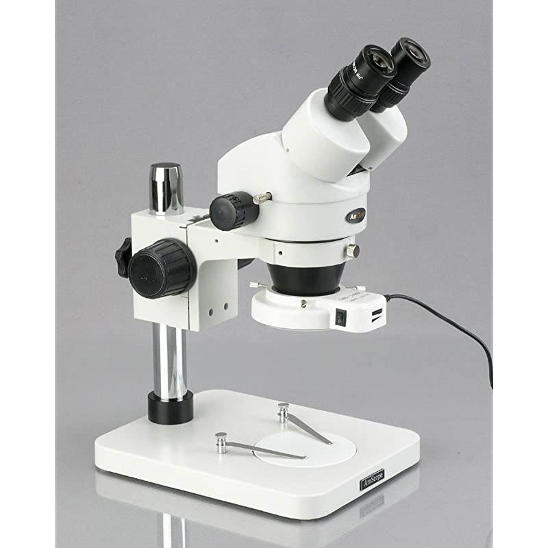 SM-1BS-64S Professional Binocular Stereo Zoom Microscope, WH10x Eyepieces, 7X-45X Magnification, 0.7X-4.5X Zoom Objective, 64-Bulb LED Ring Light, Pillar Stand, 110V-240V