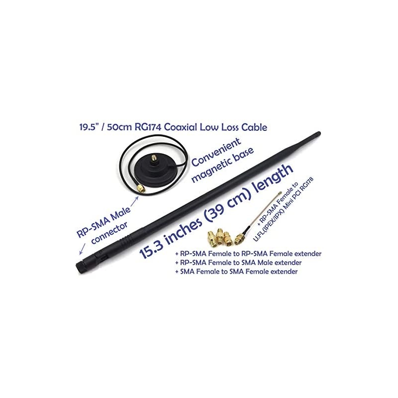 Kit Dual Band WiFi 9dbi Extension Long Range Omni Directional 245Ghz Antenna RPSMA Male Connector on Magnet Base with Connectors and Extenders