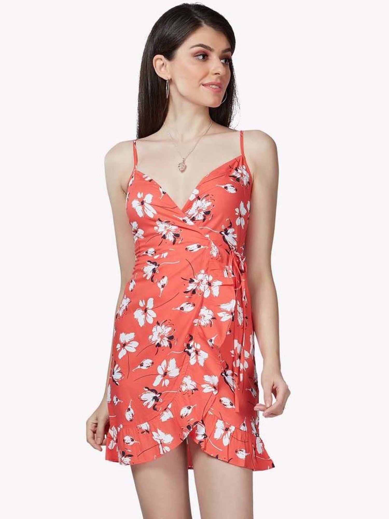 VASTRADO Orange Floral Print A-Line Wrap Dress