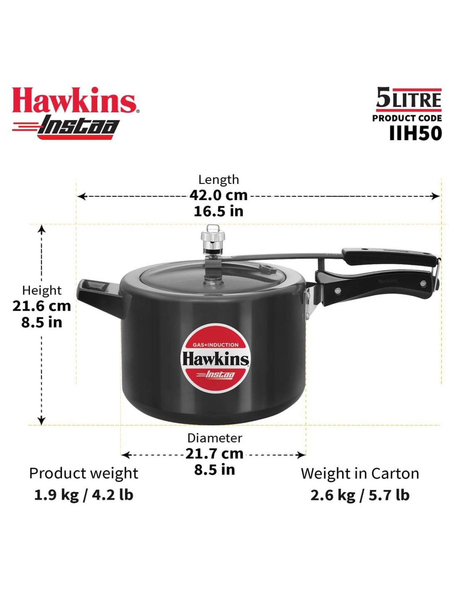 Hawkins Black Aluminium Induction Inner Lid Instaa Hard Anodised Pressure Cooker (Iih50) (5 L)