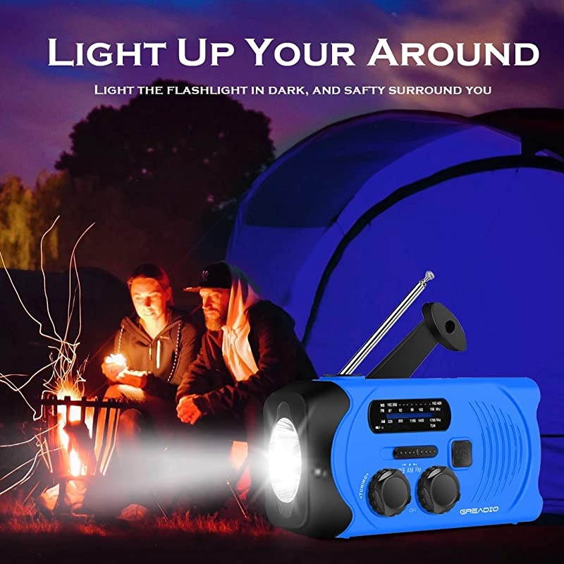Weather Solar AMFMNOAA Crank Radio with Bright Flashlight SOS Alarm and 2000mAh Power Bank for and Outdoor Activies Blue