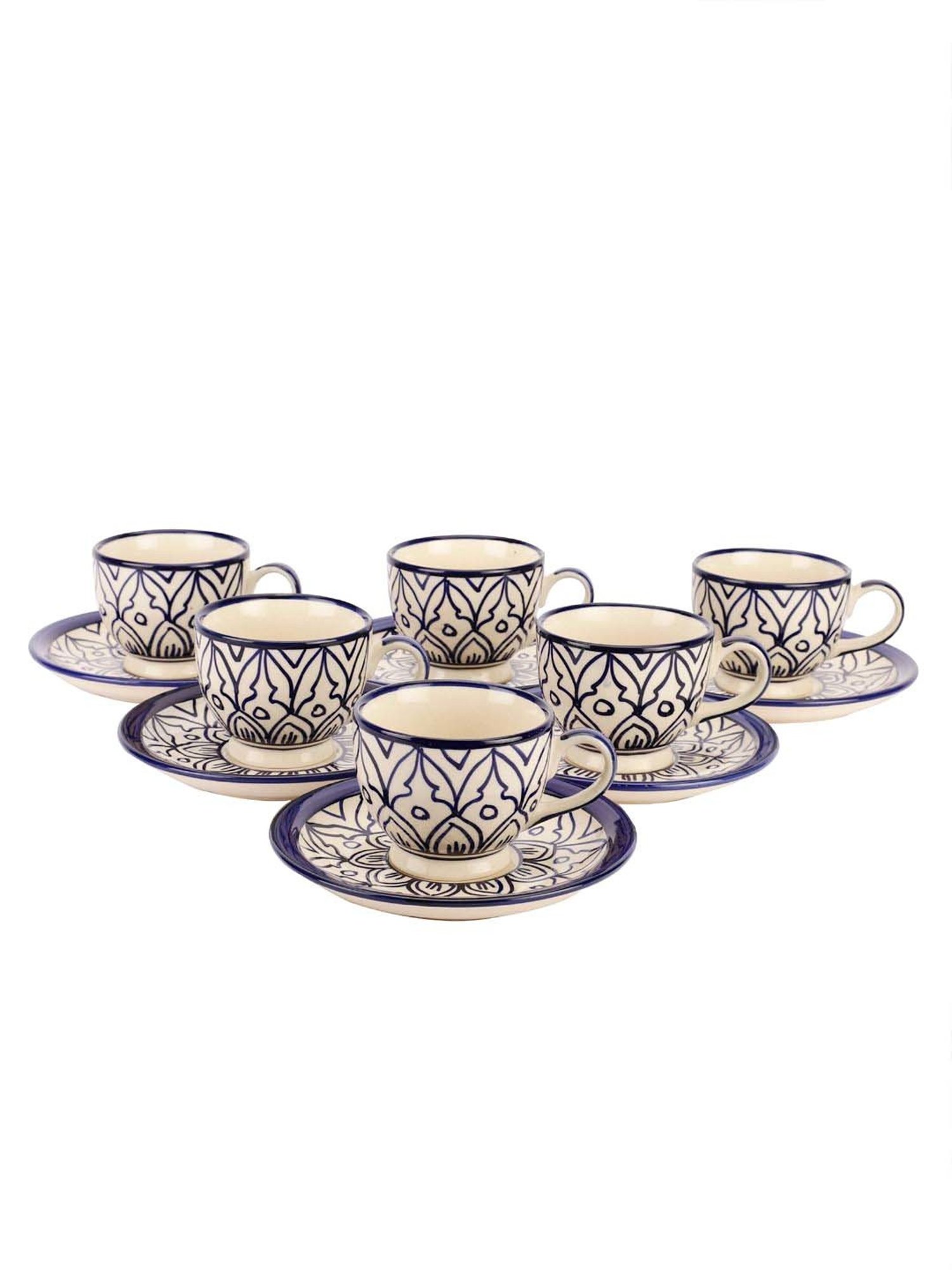 VarEesha Mehraab Off-White & Navy Ceramic Cup (0.12 L) with Saucer - Set of 6