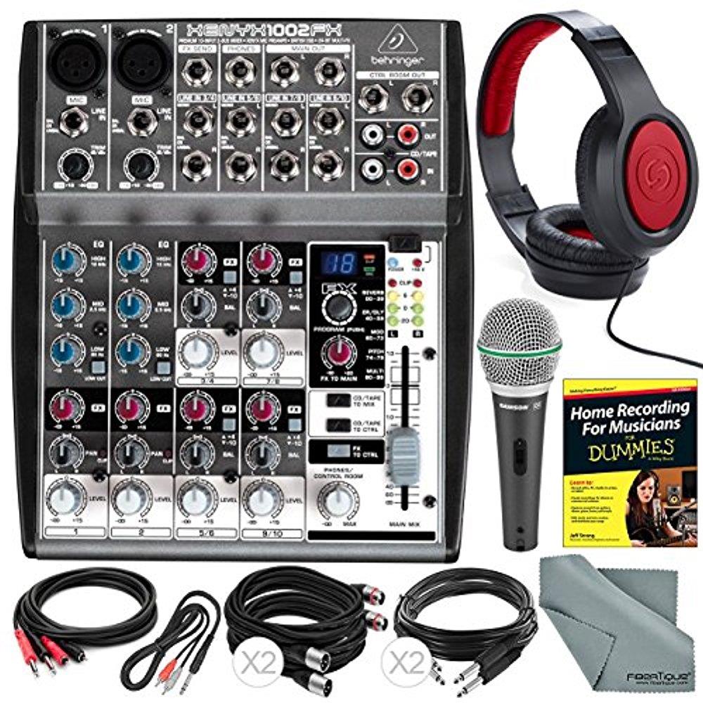 Behringer XENYX 1002FX 10-Channel Audio Mixer with Effects Processor and Accessory Bundle w/ Dynamic Mic + Home Recording Guide + 6X Cables + Headphones + Fibertique Cloth