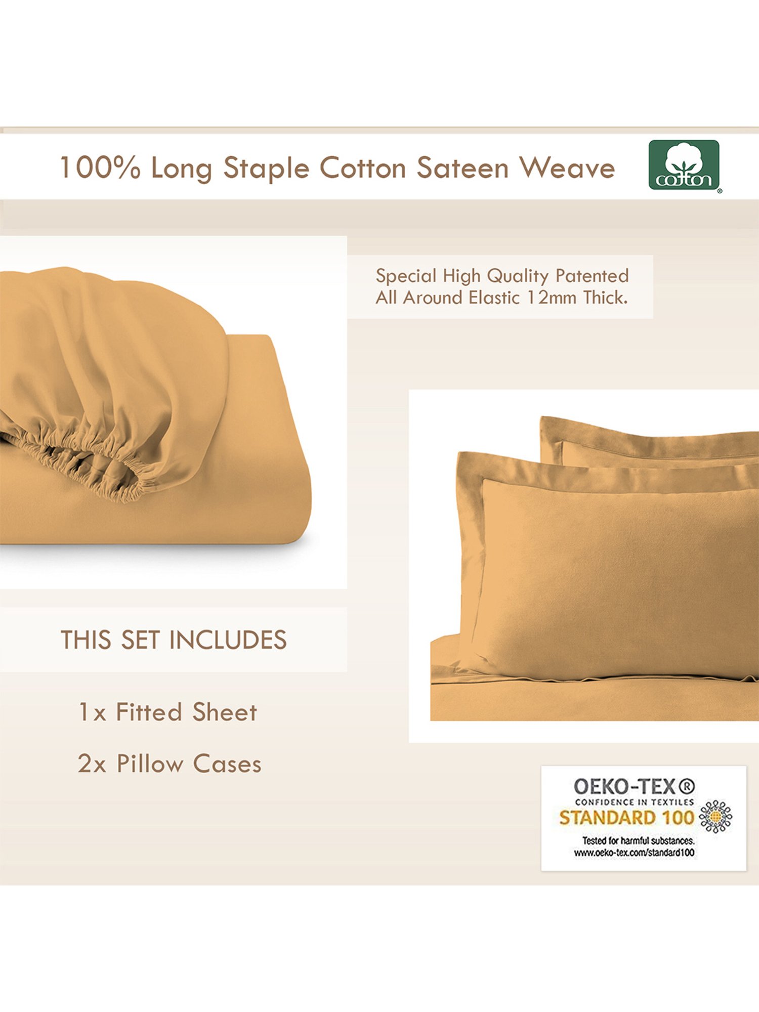 Pizuna Mustard Yellow 400TC Cotton Fitted Bed Sheet with 2 Pillow Covers