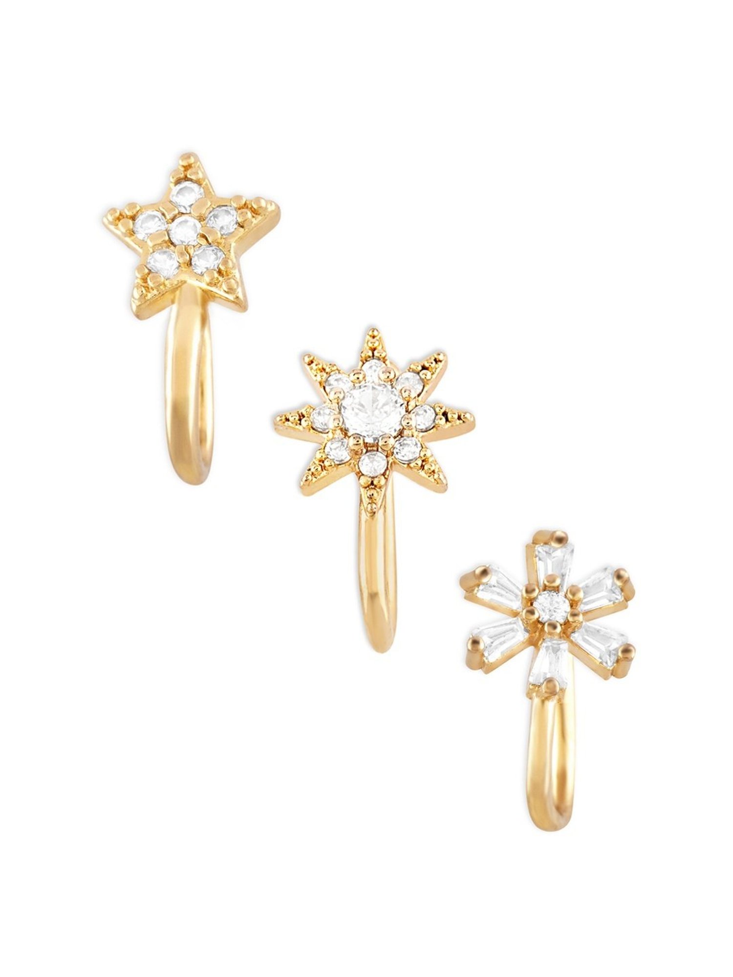 Zaveri Pearls Set of 3 Gold Tone Cubic Zirconia Contemporary Brass Clip On Nose Pins-ZPFK17364