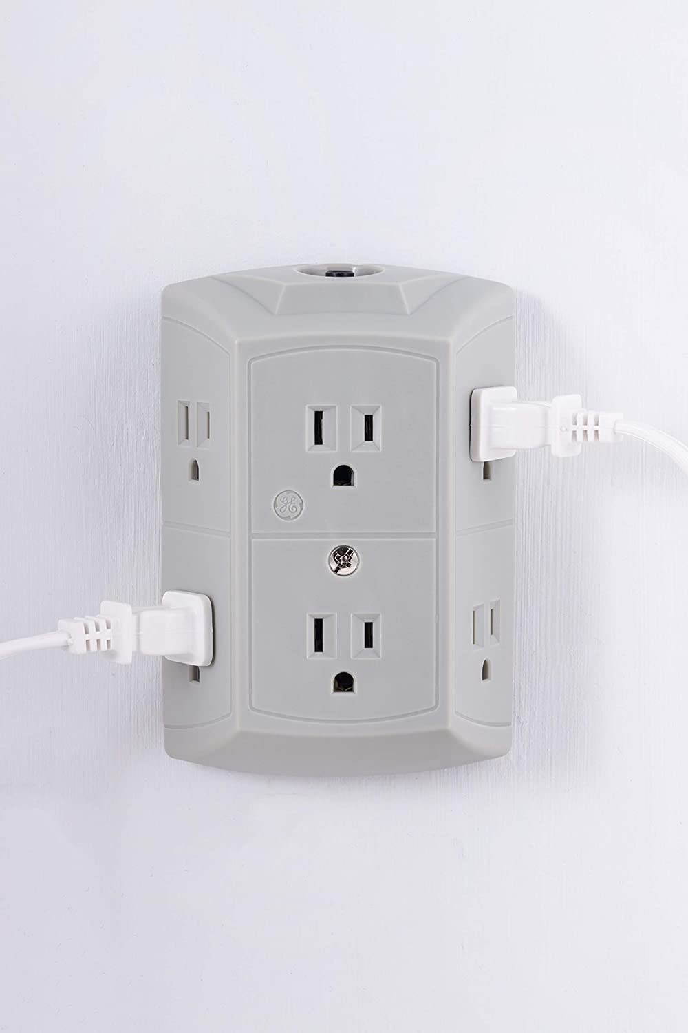 GE Pro 6 Outlet Surge Protector Adapter Spaced Tap, 3-Prong Power Strip, Charging Station, Side Access, White, 43648