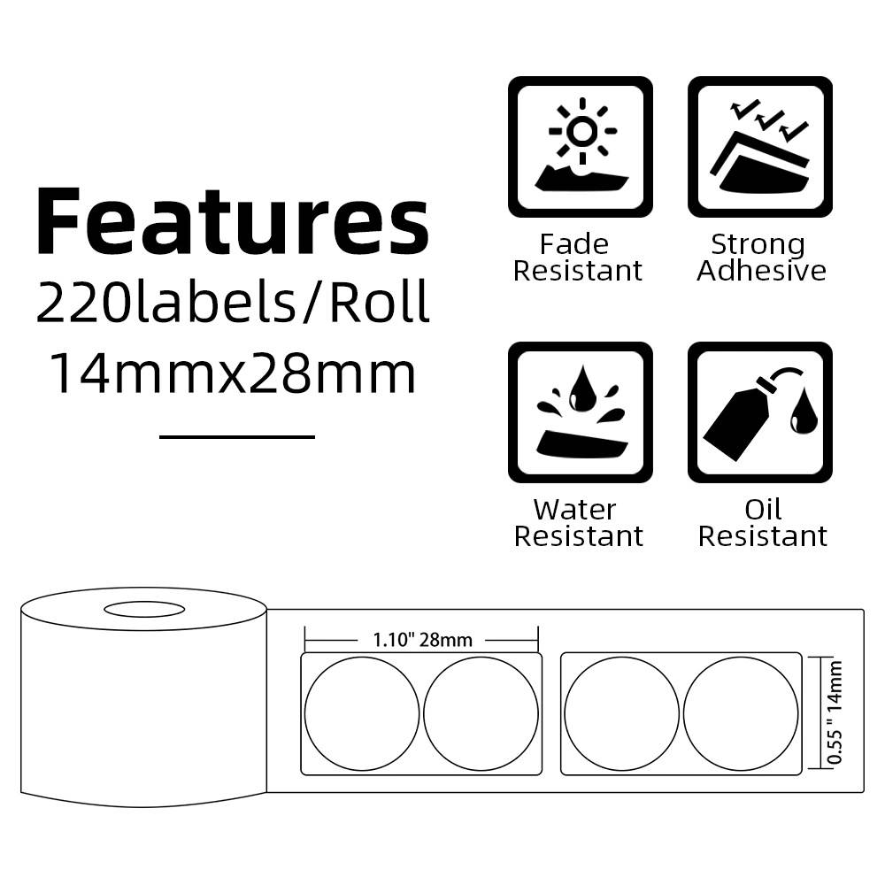 Thermal Sticker Paper 3 rolls/box 14*28mm 220pcs Label Transparent Round for  D30 Printer Non Removable Synthetic Labels