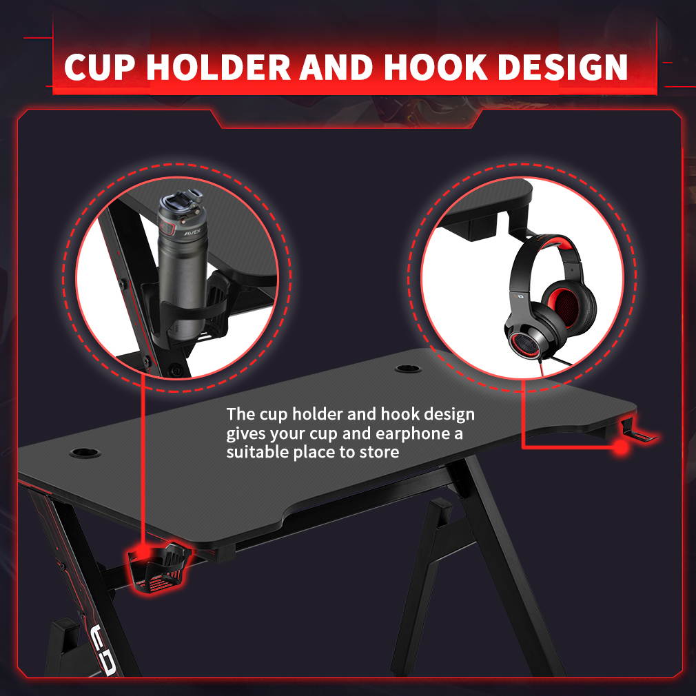 Gaming Computer Desk 45.2"x 23.4"Home Office Desk Extra Large Modern Ergonomic Black PC Carbon Fiber Table Gamer Workstation with Cup Holder Headphone Hook