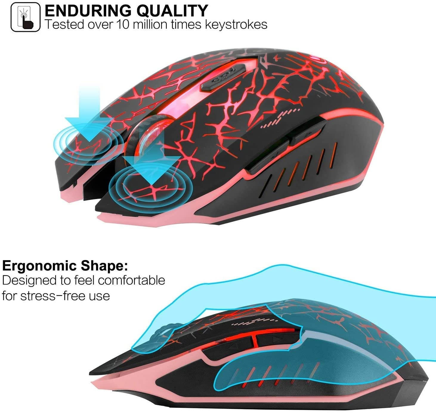 VEGCOO C12 Rechargeable Wireless Gaming Mouse Mice Silent Click Cordless Mouse 7 Smart Buttons PC Gaming Mouse Mice Advanced Technology with 2.4GHZ Up to 2400DPI (C12 Red)