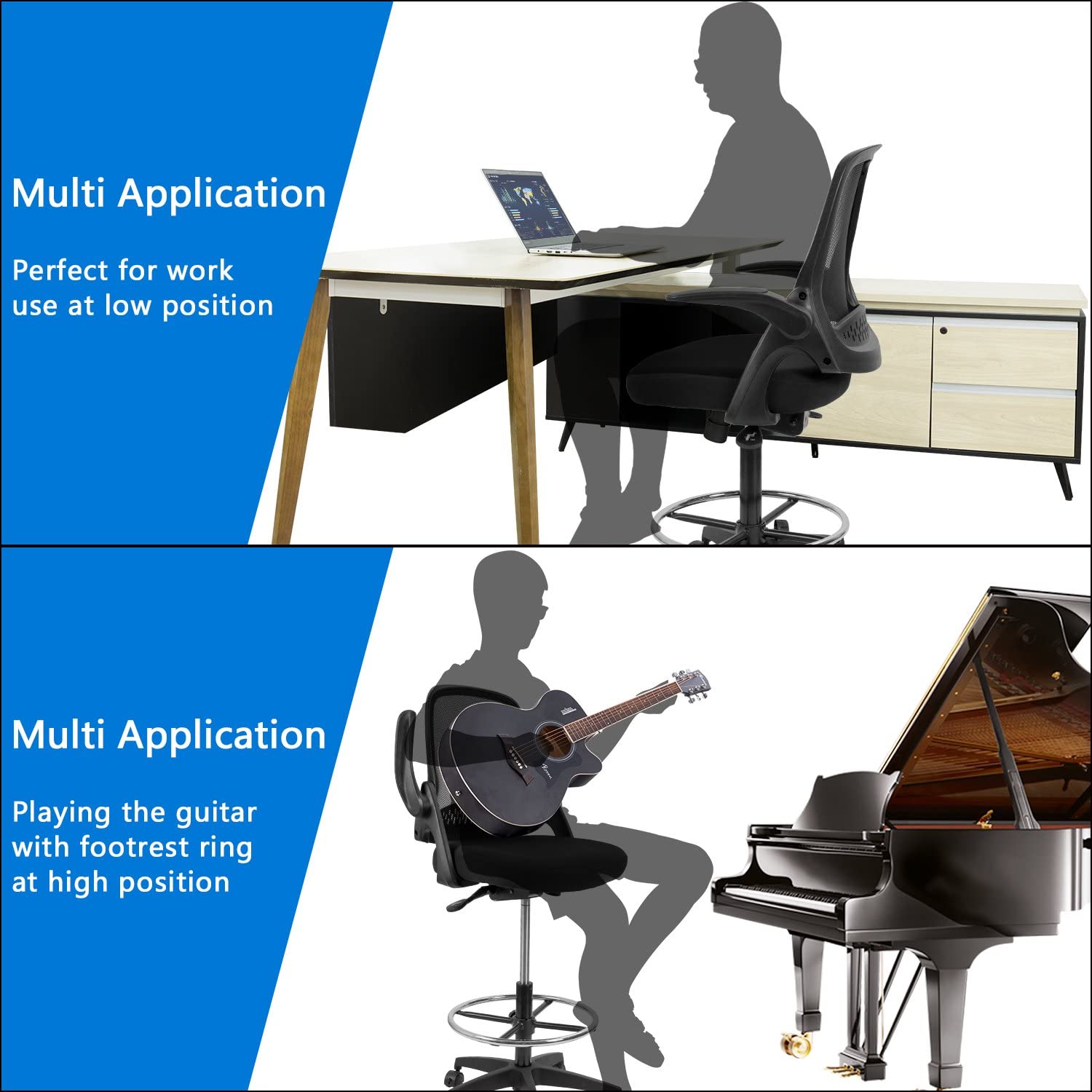 Devoko Drafting Chair with Flip-up Arms Tall Office Chair Executive Computer Standing Desk Chair with Lockable Wheel and Adjustable Footrest Ring (Black)