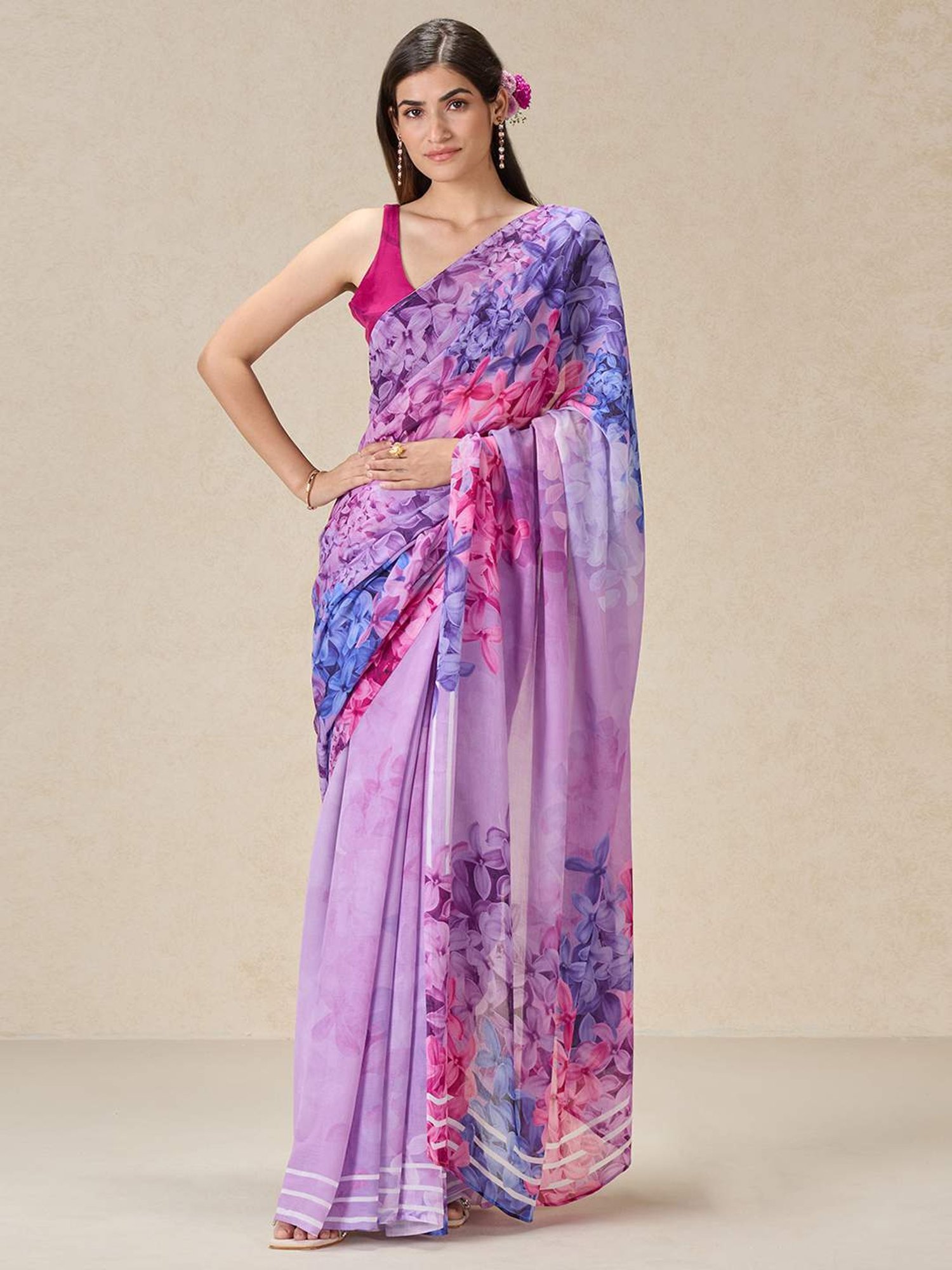 navyasa by liva Purple Printed Saree With Unstitched Blouse