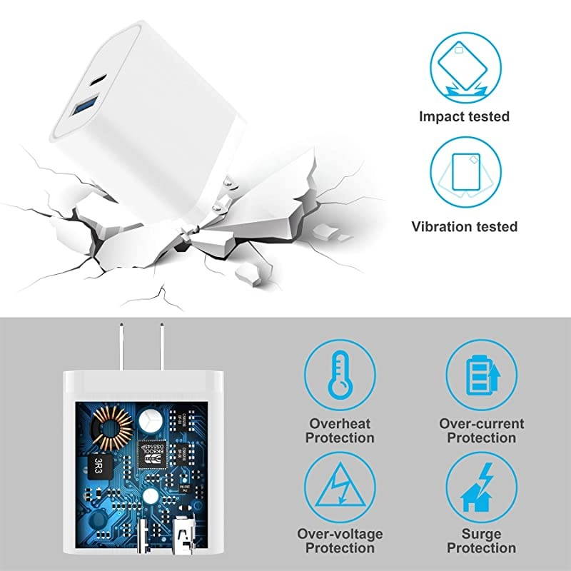 Updated Power Delivery USB Wall Charger, QC 3.0 Technology, Fast 3A/18W Dual Ports Wall Charger, Portable Phone Charger Plug, Compatible with iPhone, iPad, Samsung, Google Pixel and More