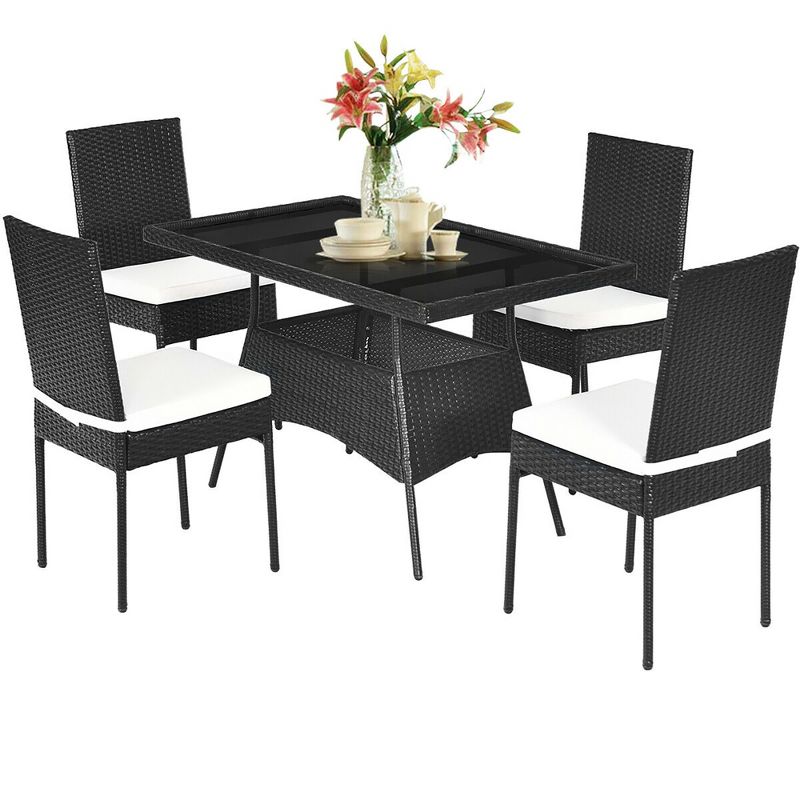Costway 5PCS Patio Rattan Dining Set  Table w/Glass Top Garden Furniture