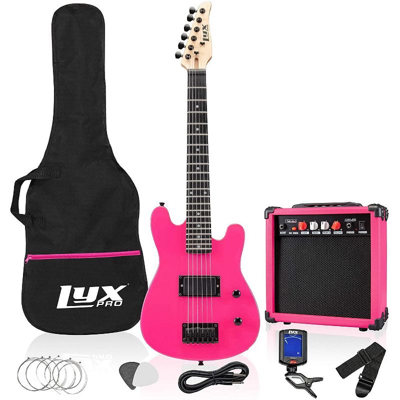 LyxPro 30 Inch Electric Guitar and Starter Kit for Kids with 3/4 Size Beginner's Guitar, Amp, Six Strings, Two Picks, Shoulder Strap, Digital Clip On Tuner, Guitar Cable and Soft Case Gig Bag - Pink