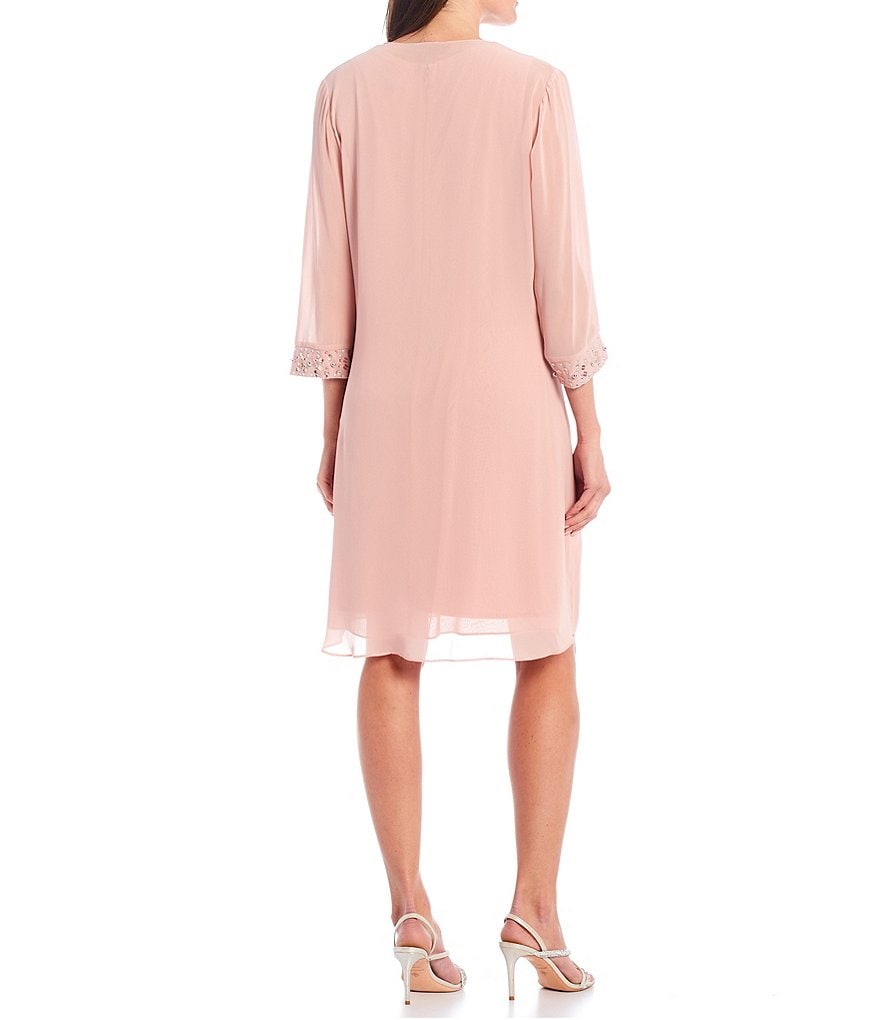 Kay Unger Long Bishop Sleeve V-Neck Crepe A-Line Dress