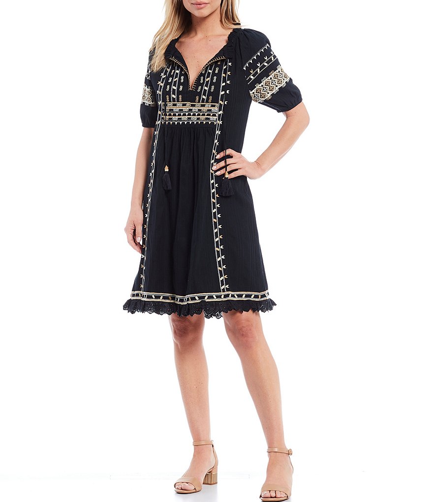 Reba Embroidered V-Neck Flounce Hem Puff Elbow Sleeve Cotton Crinkle Dress