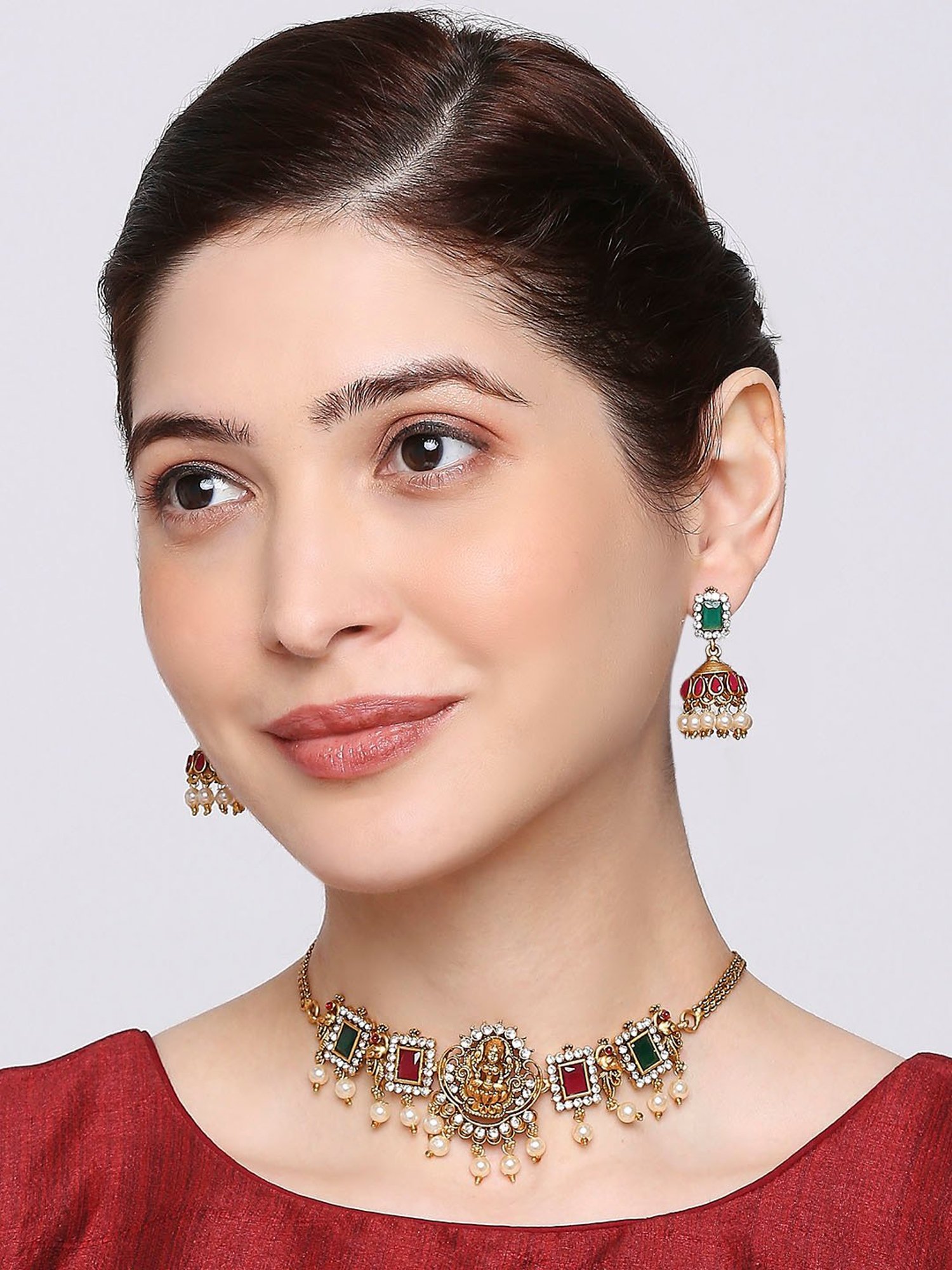 OOMPH Antique Gold Tone Red & Green Stone & Beads Choker Necklace Set with Jhumka Earrings