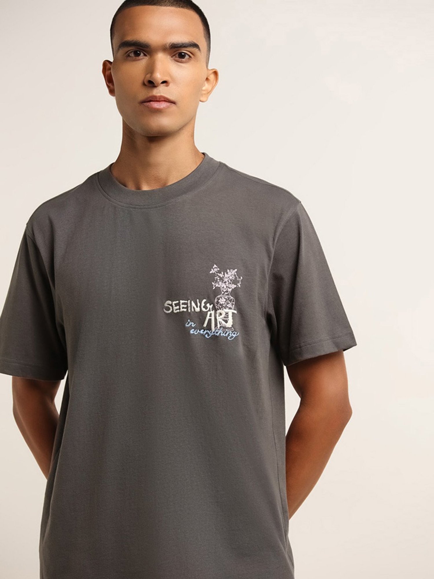 Nuon by Westside Grey Text Printed Slim Fit T-Shirt