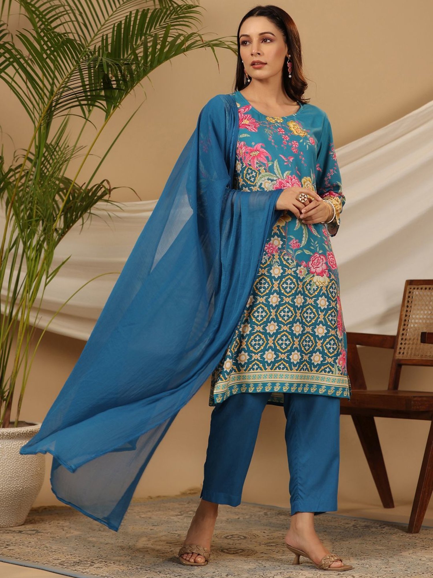Juniper Blue Floral Printed Rayon Kurta Pants & Dupatta Set With Sequins Work