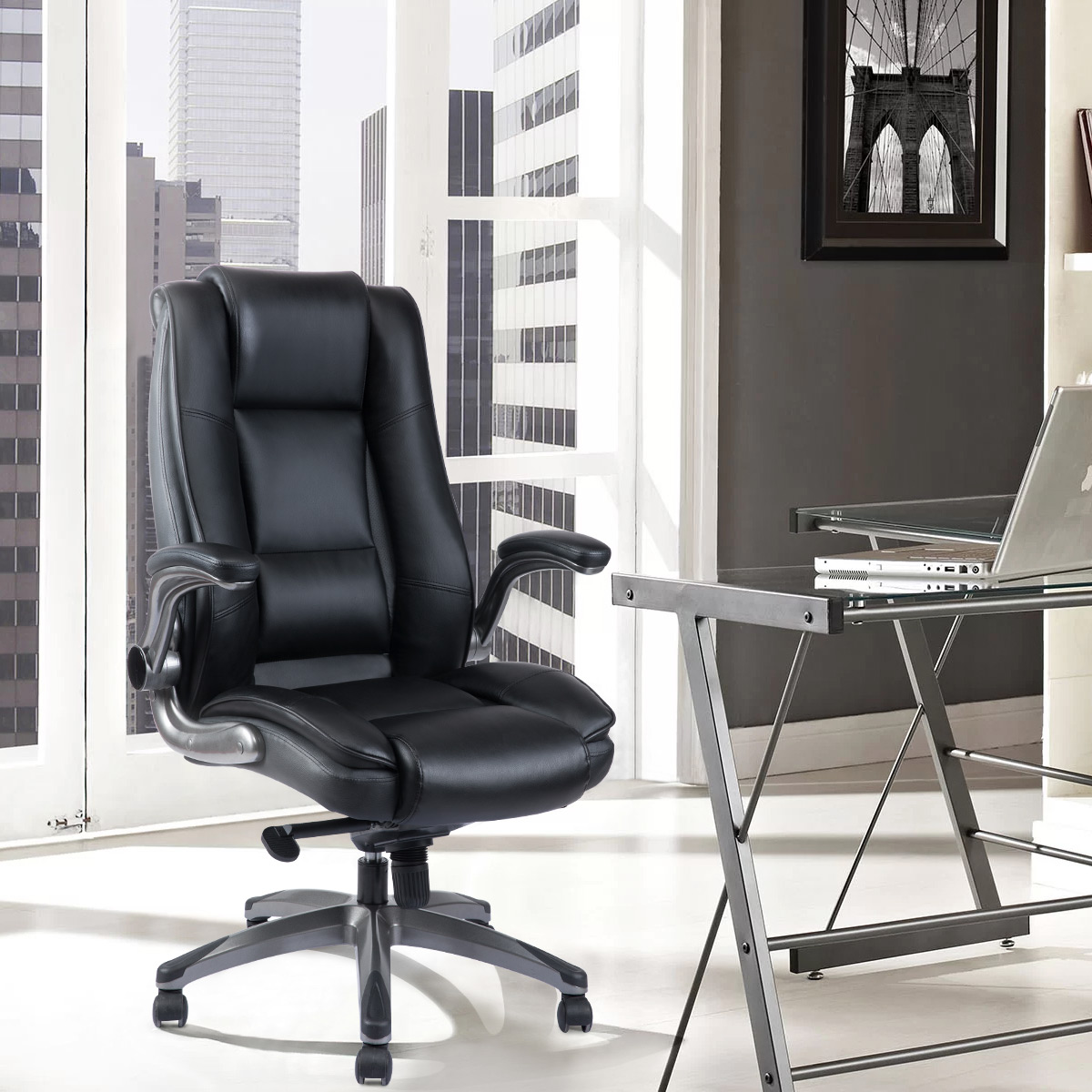 VANBOW High Back Executive Office Chair Comfortble- Ergonomic Bonded Leather Computer Work Desk Swivel Chair with Flip-up Arms, Adjustable Reclining Angle, Lumbar Support and Easy to Assemble,Black