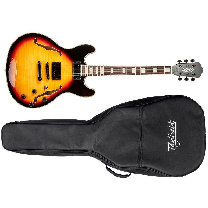 Monoprice Indio Boardwalk Flamed Maple Hollow Body Electric Guitar - Sunburst, With Gig Bag