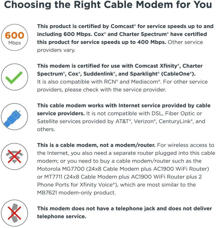C6250100NAS AC1600 16x4 WiFi Cable Modem Router Combo C6250 DOCSIS 30 Certified for Xfinity Comcast Time Warner Cable Cox More Renewed